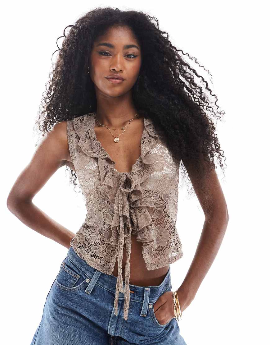 Miss Selfridge lace ruffle tie front sleeveless top in mocha-Brown