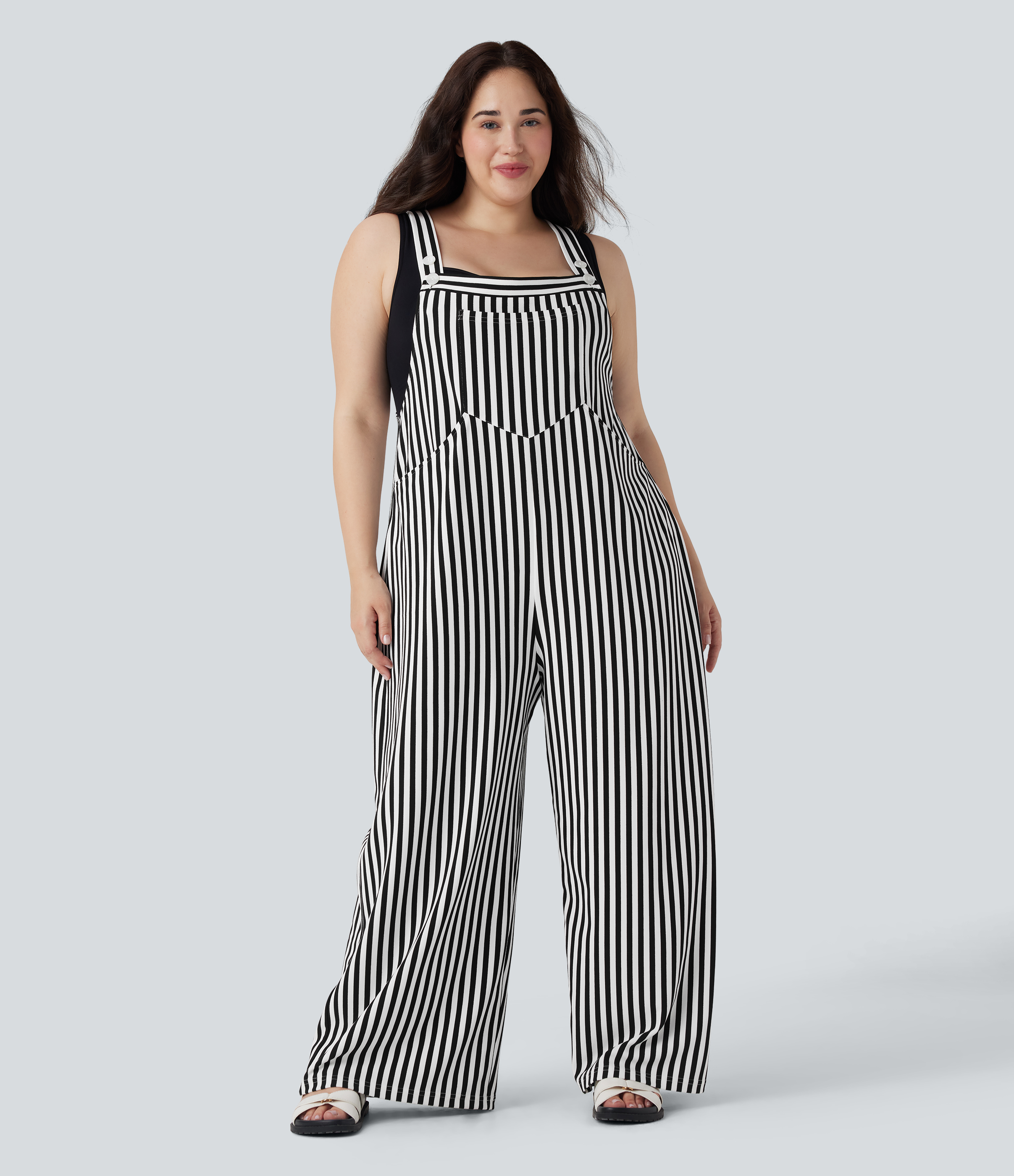 Plus Size Stripe Waffle Overalls with Pockets  - Black White Horizontal Stripe