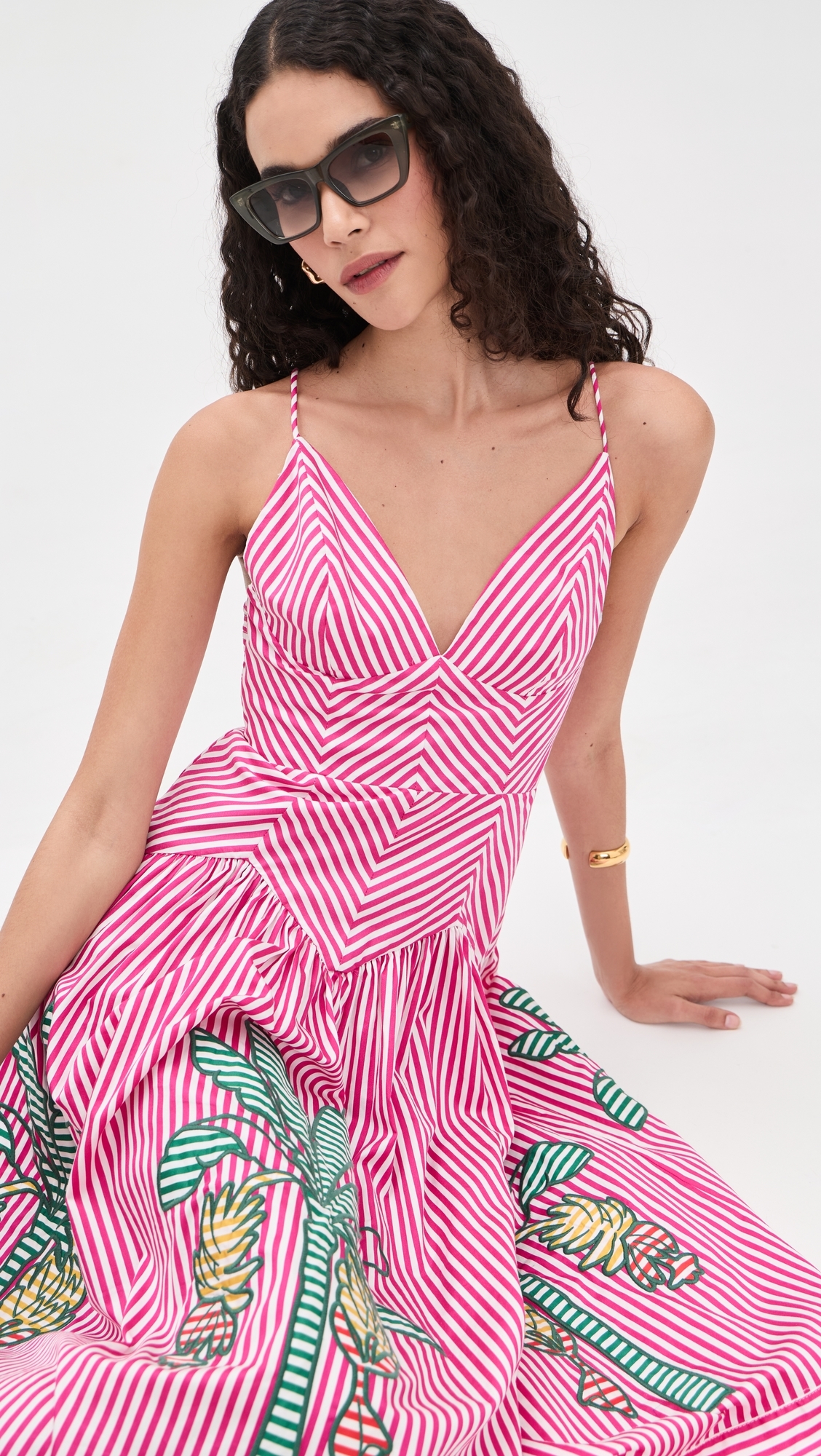 Palm Tree Cutwork Stripes Midi Dress Multi
