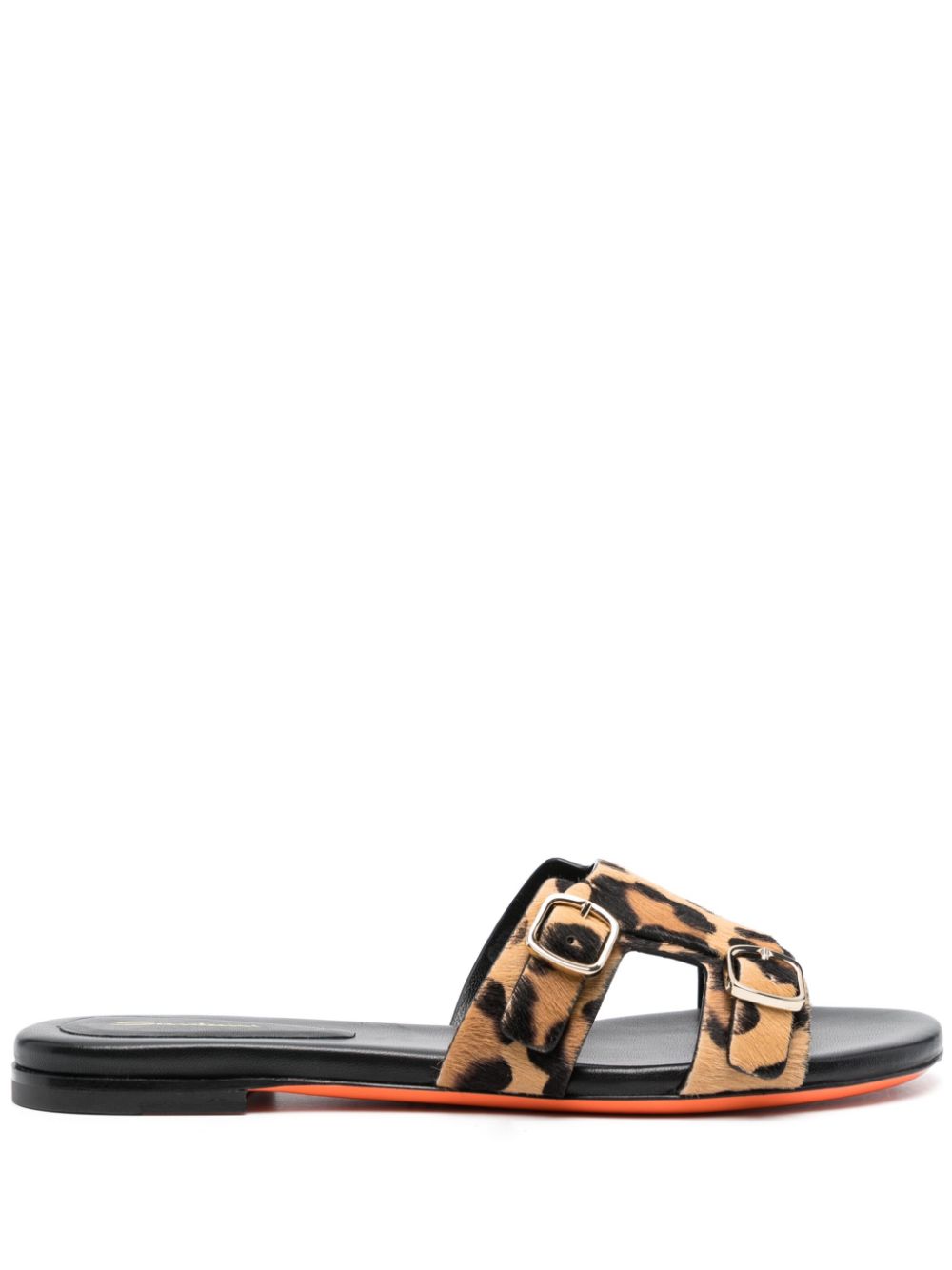 Leopard-print double-buckle slides - Black