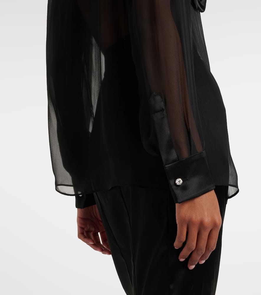 Floral-appliqué sheer silk shirt