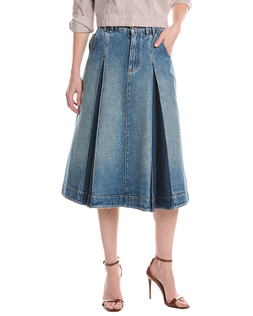 Vintage Blue Denim Pleated Midi Skirt