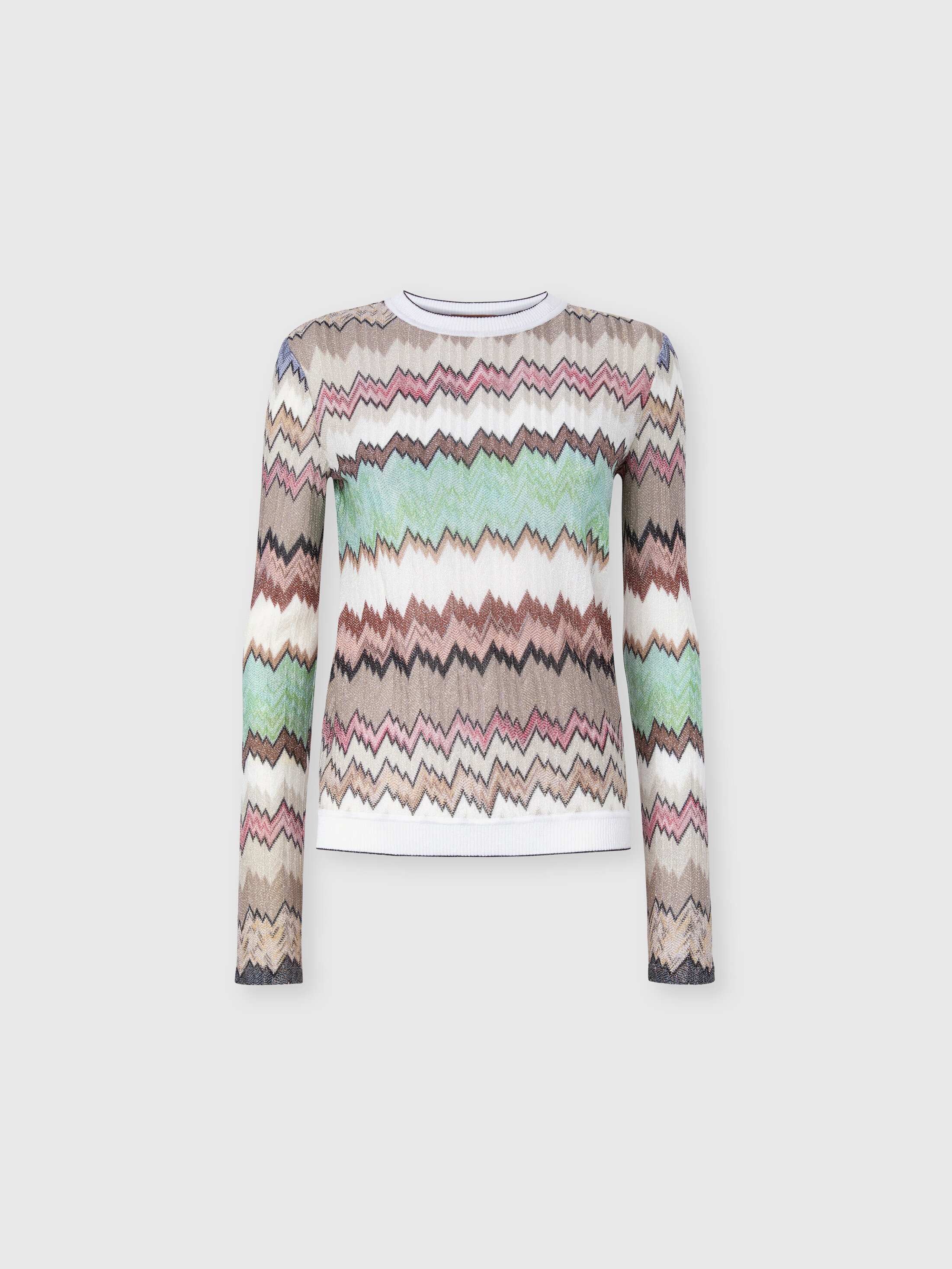 Missoni - Jersey de cuello redondo de viscosa lamé con ribetes en contraste, Mujer, Verde & Marròn