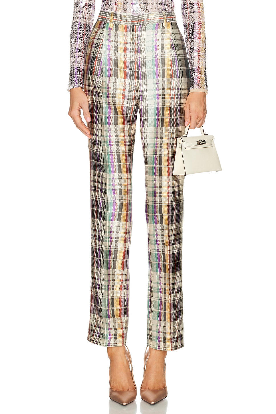Brandon Maxwell Anja Classic Trouser in Multicolor Plaid - Purple,Neutral. 6 also