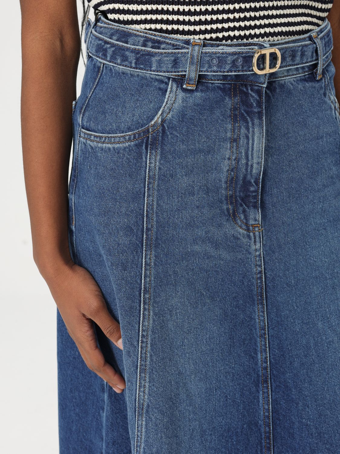 Oval T-belt denim maxi skirt - Blue