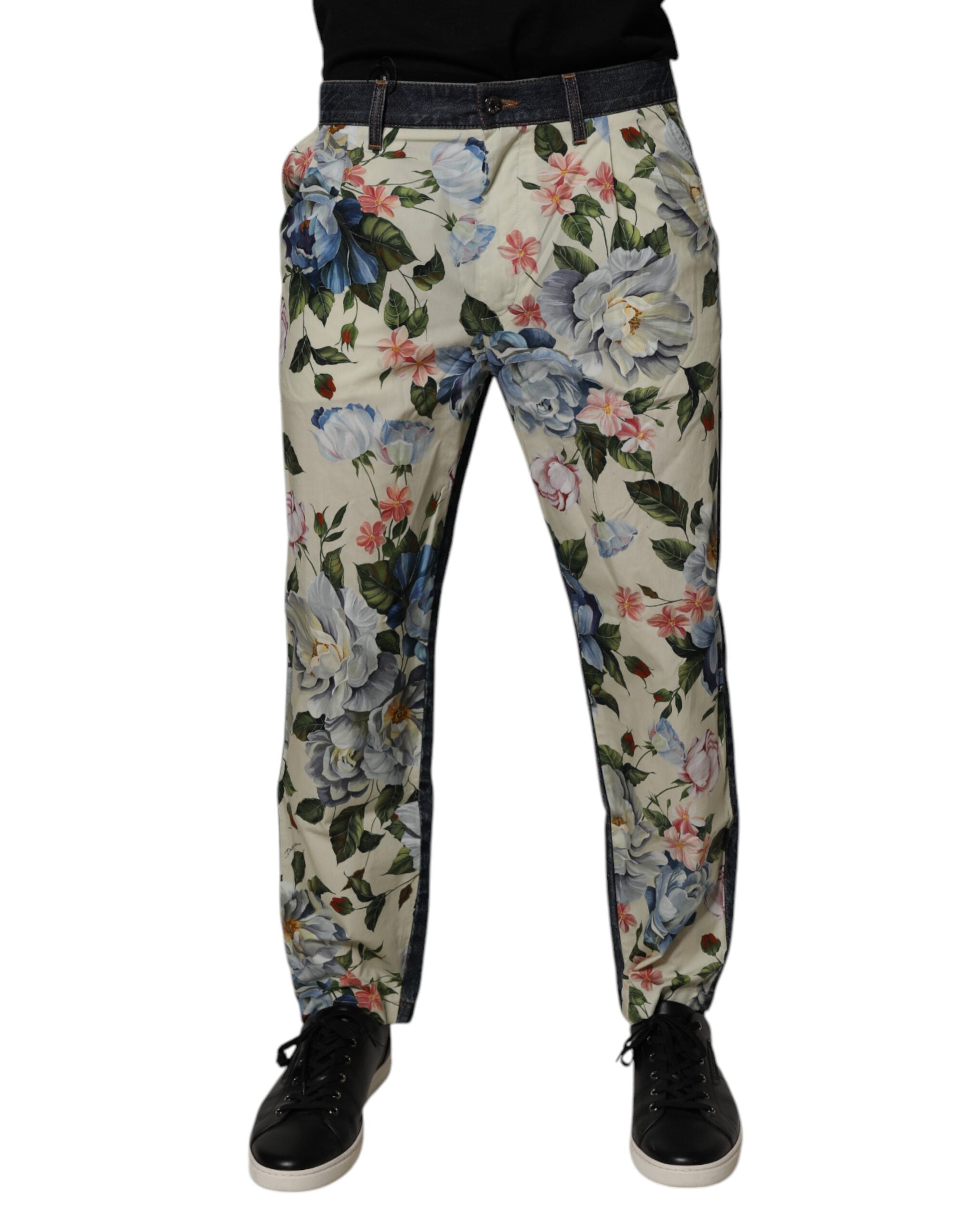 Floral Cotton Denim Jeans — Beige