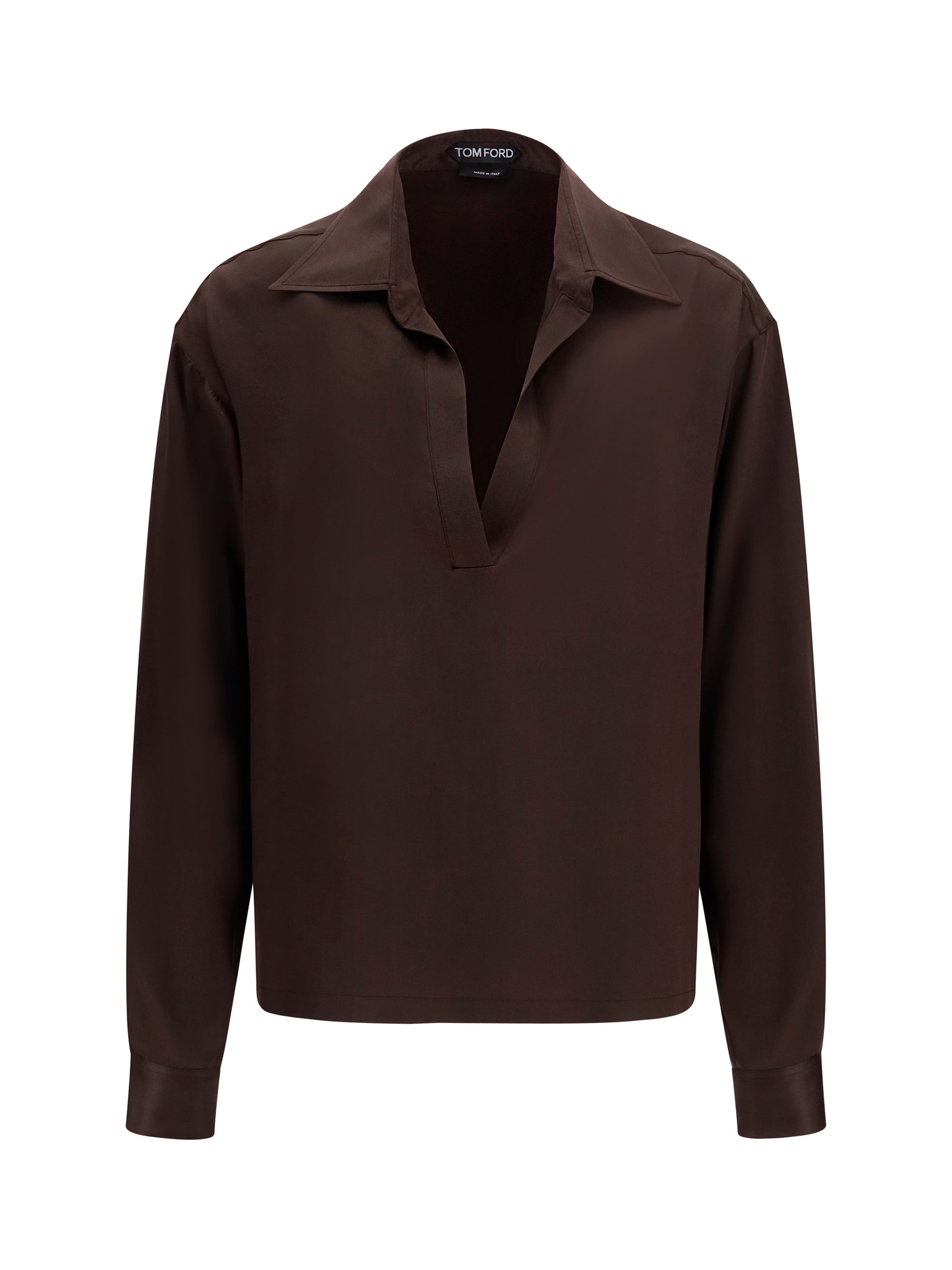Deep V-Neck Silk Shirt — Brown