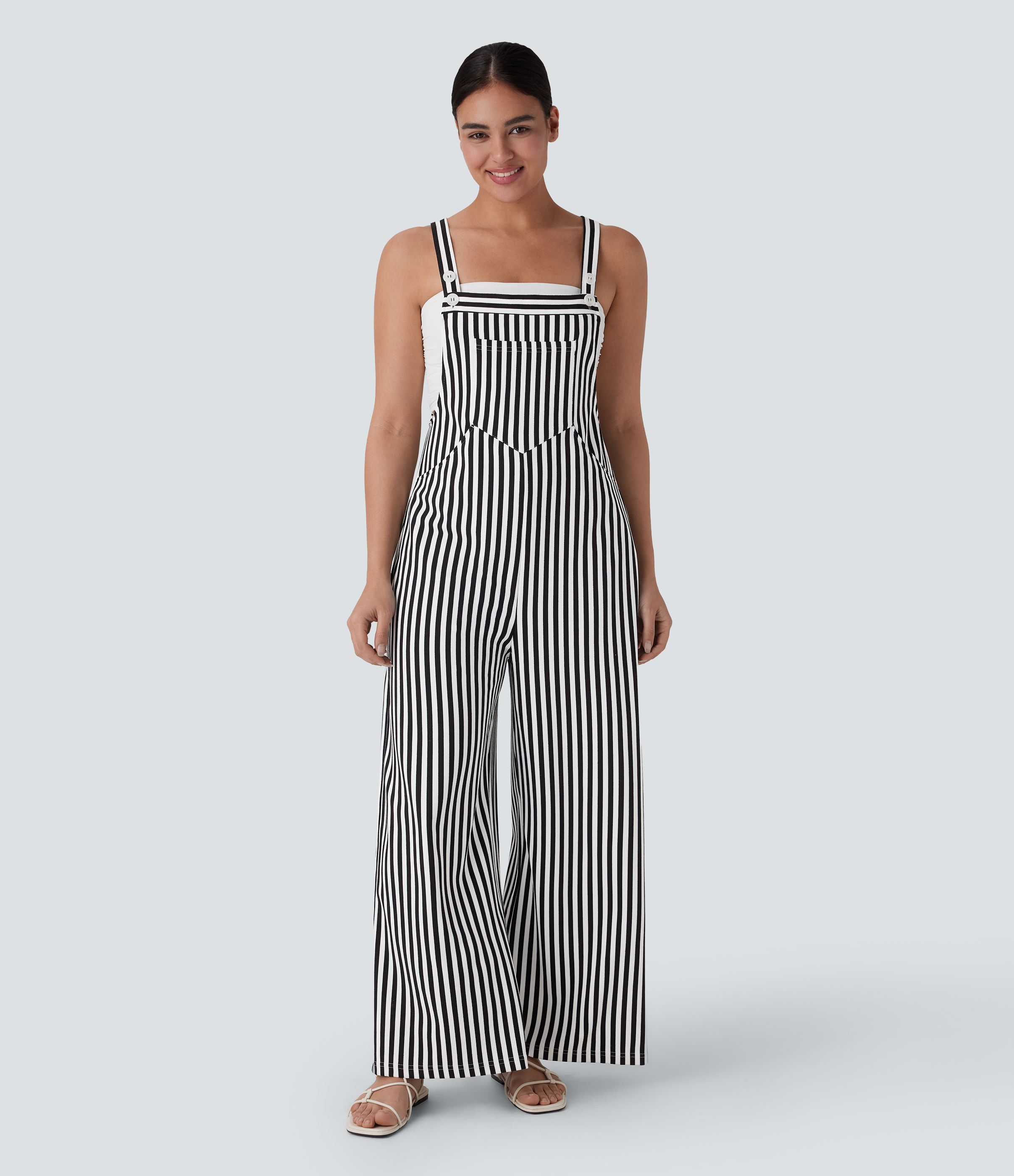 Pockets Stripe Waffle Overalls  - Black White Horizontal Stripe