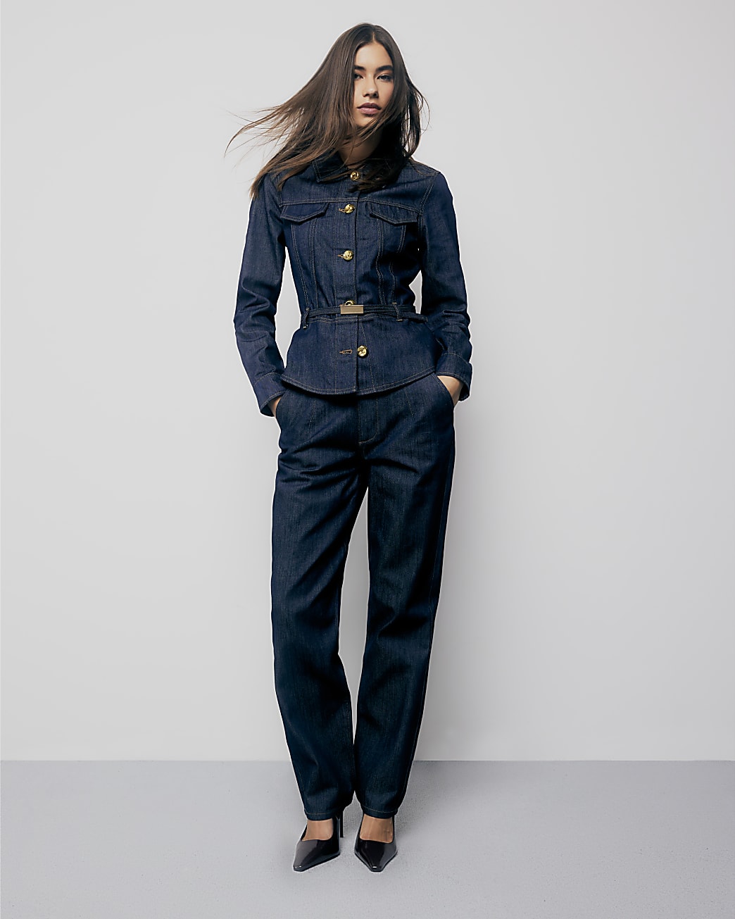 River Island Womens Jacket Indigo Denim Long Sleeve Belted - Blue Cotton
