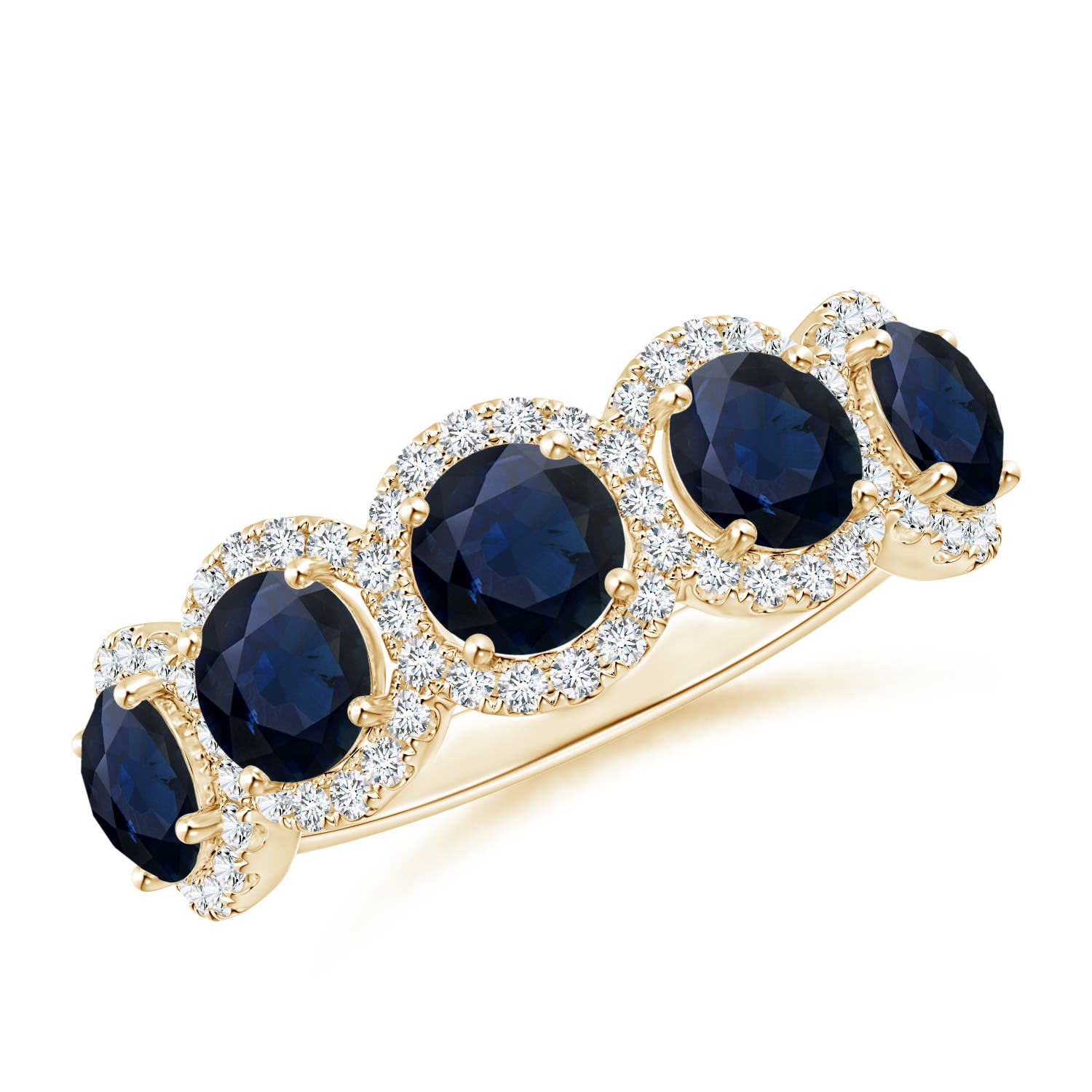 Angara 2.3 Carats Half Eternity Five-Stone Sapphire Halo Ring in 18K Yellow Gold