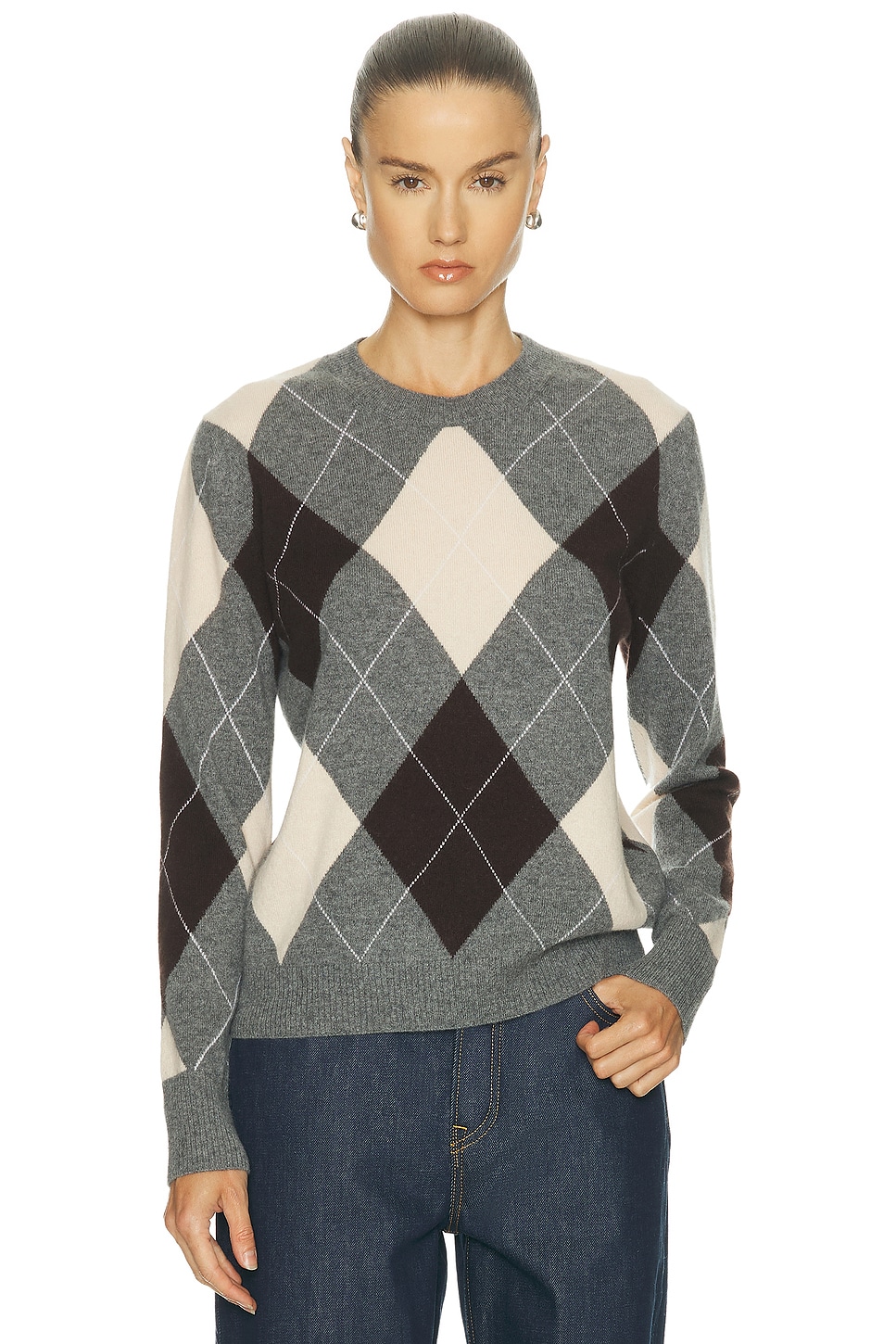 Enza Costa Knit Cashmere Argyle Sweater in Argyle - Grey. XS also in