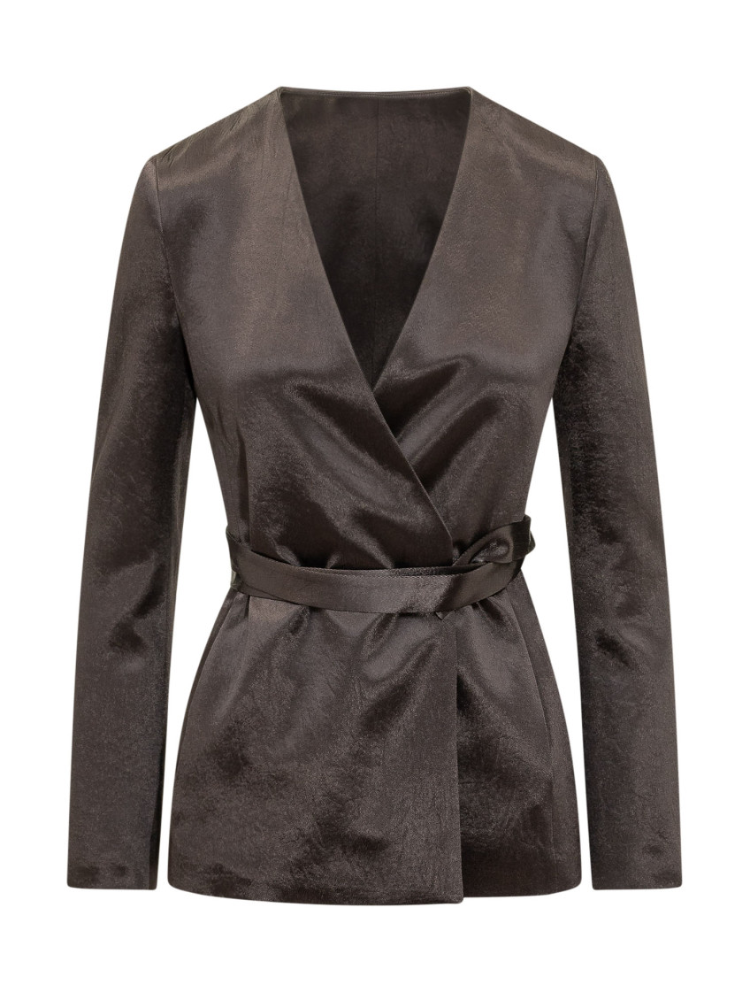 Brown Solid V Neck Blazer