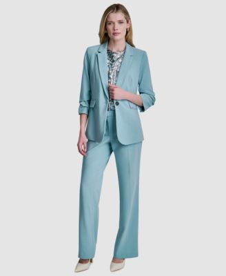 Womens Notch Collar Ruched Sleeve Blazer Printed Cowl Neck Blouse Mid Rise Ankle Length Pants