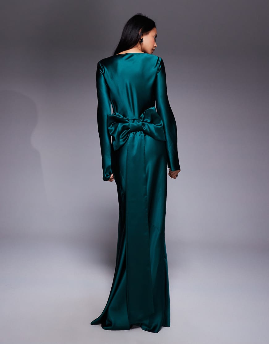 Satin maxi dress with exaggerated bow back in emerald green-Navy