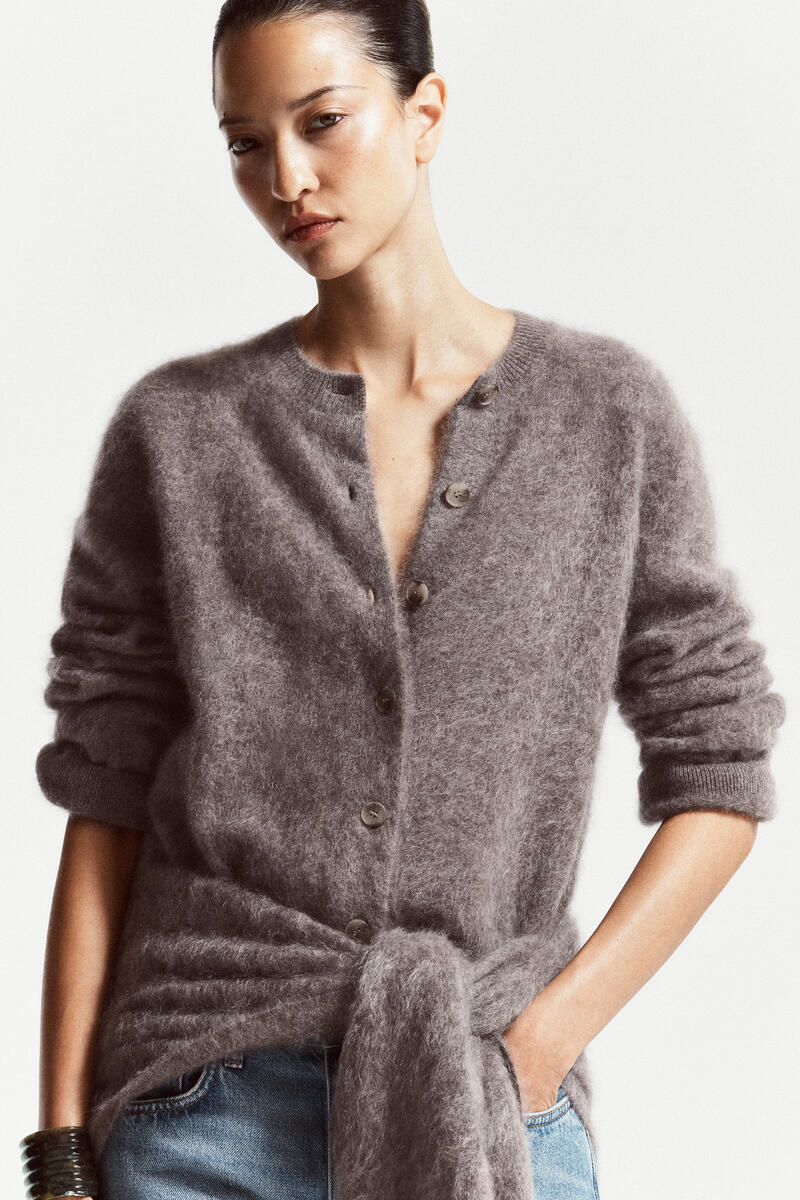 Brushed-Cashmere Crew-Neck Cardigan