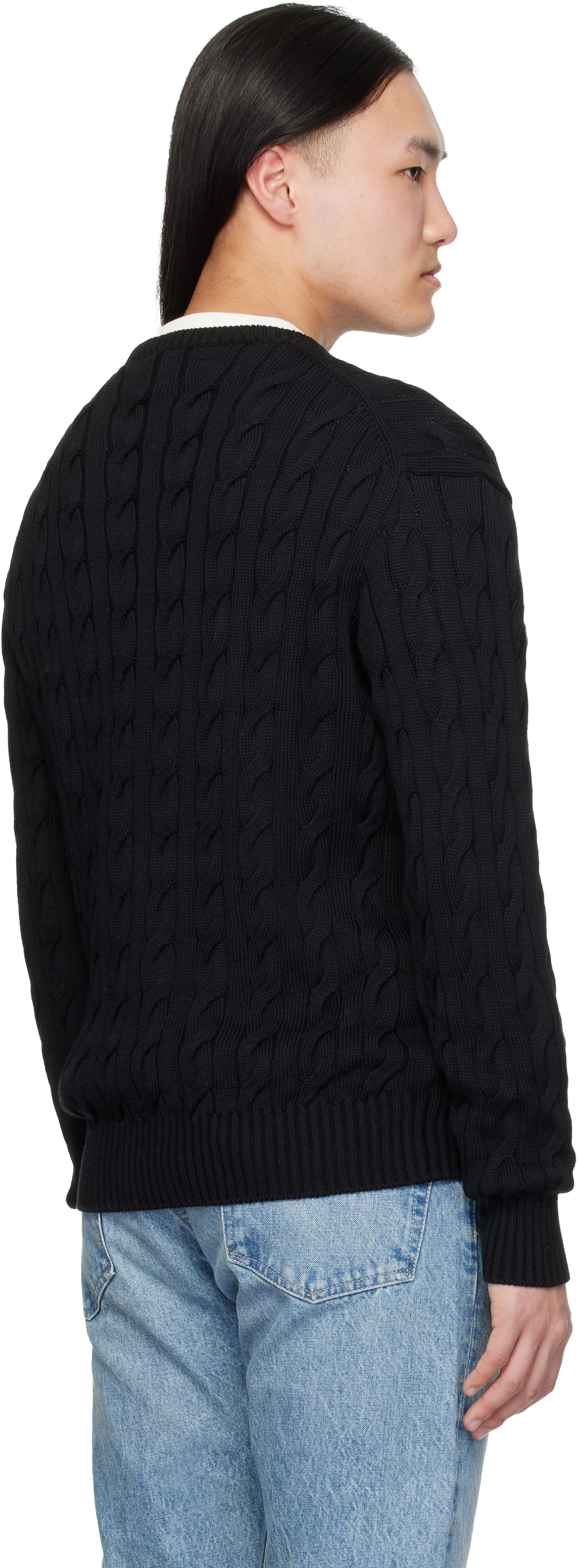 Black Cotton Silk Cable Crewneck Sweater