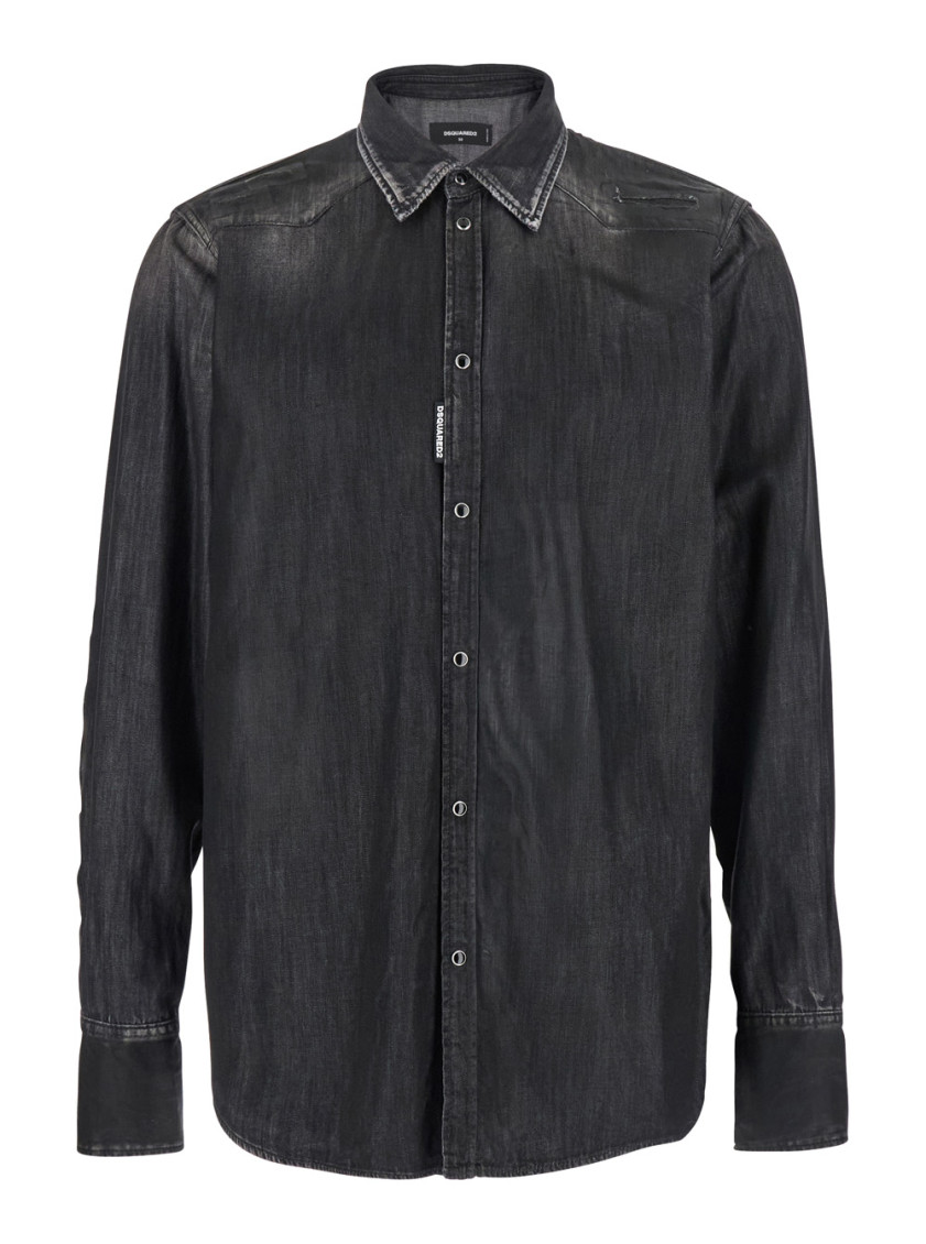 Classic Western Black Shirt With Distressed Details In Cotton Man