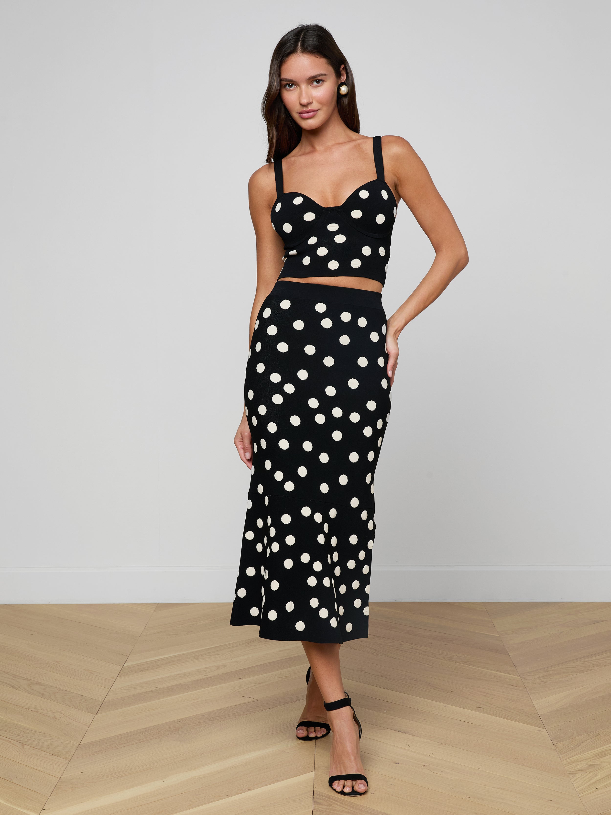 Mae Knit Flare Skirt In Black/ecru Polka Dot