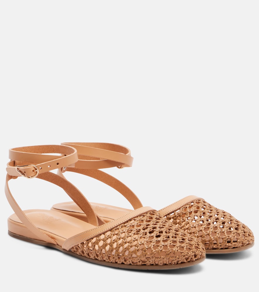 Filothea leather-trimmed raffia slingback flats
