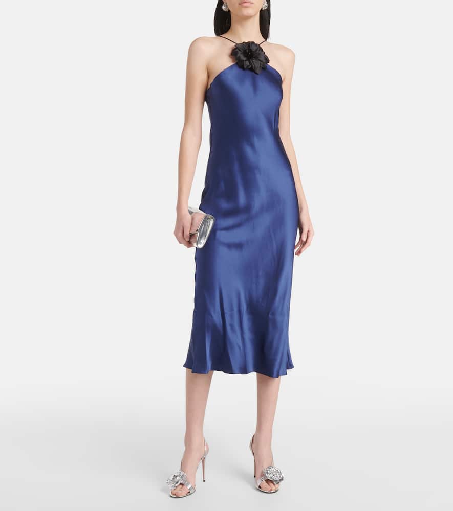 Floral-appliqué silk midi dress