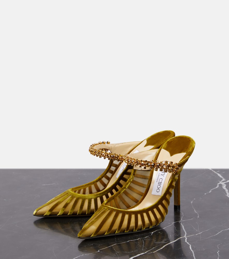 Jimmy Choo Bing 100 embellished velvet and mesh mules