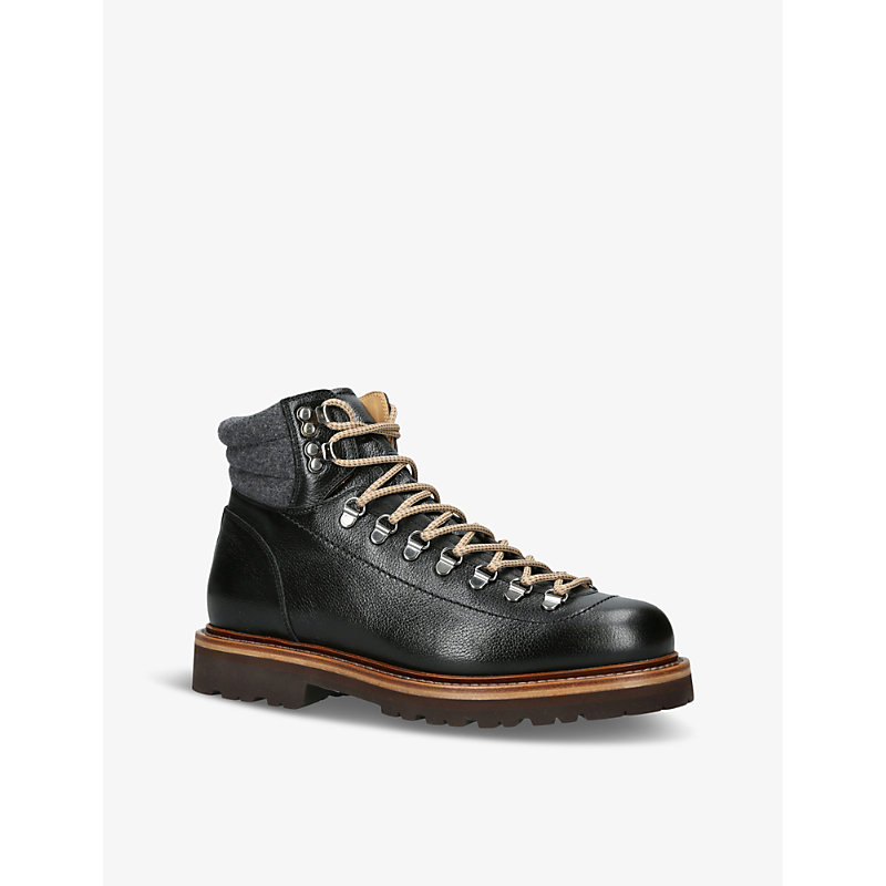 Mens Black Chunky-sole Tonal-stitching Leather Hiking Boots