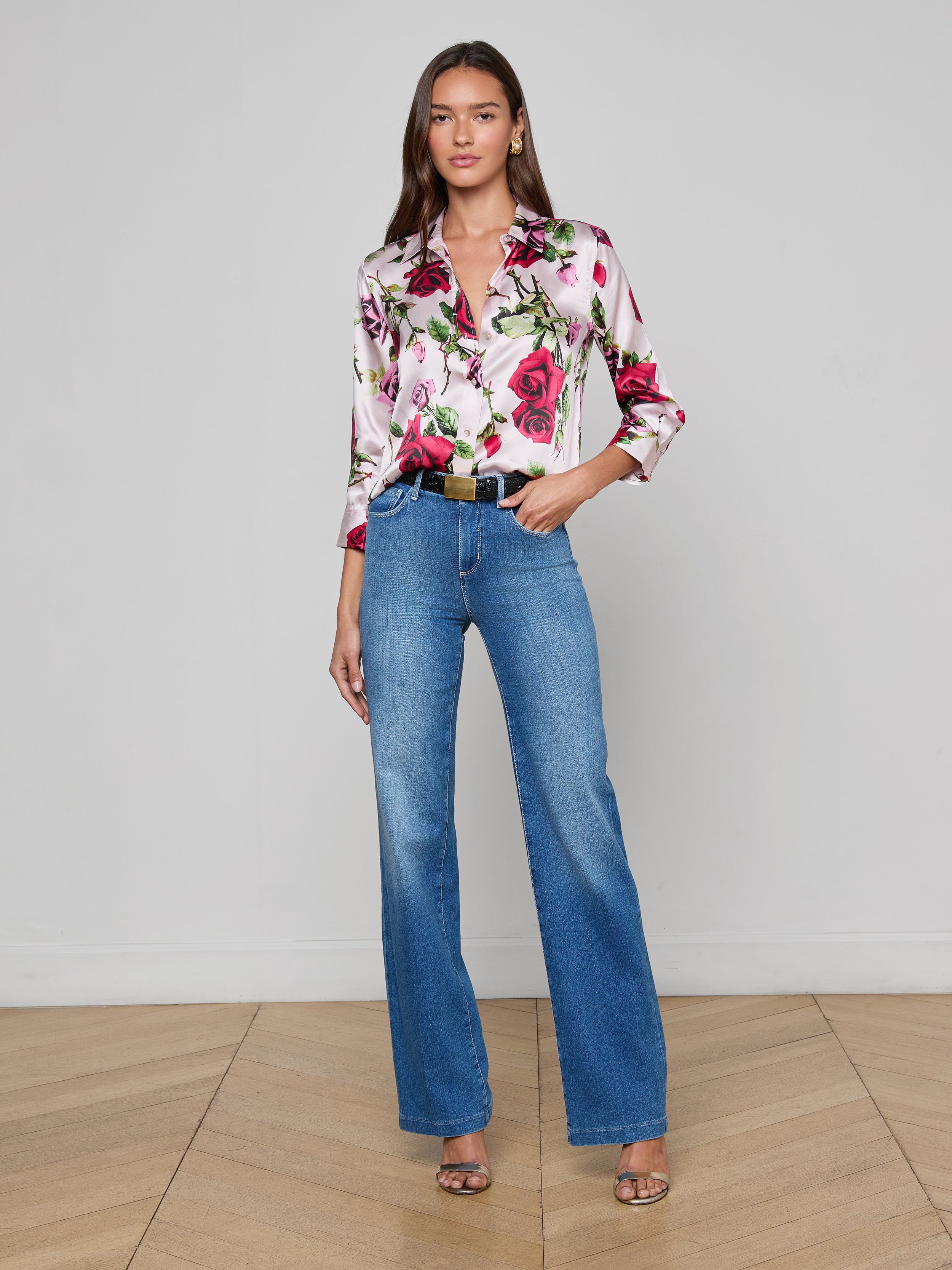 Dani Silk Blouse Top In Pink Multi Romantic Rose