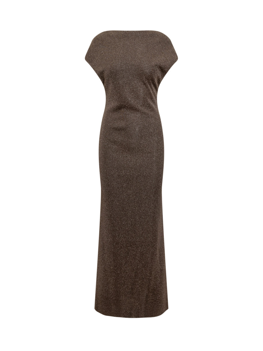 Brown Textured Boat Neck Maxi Dress