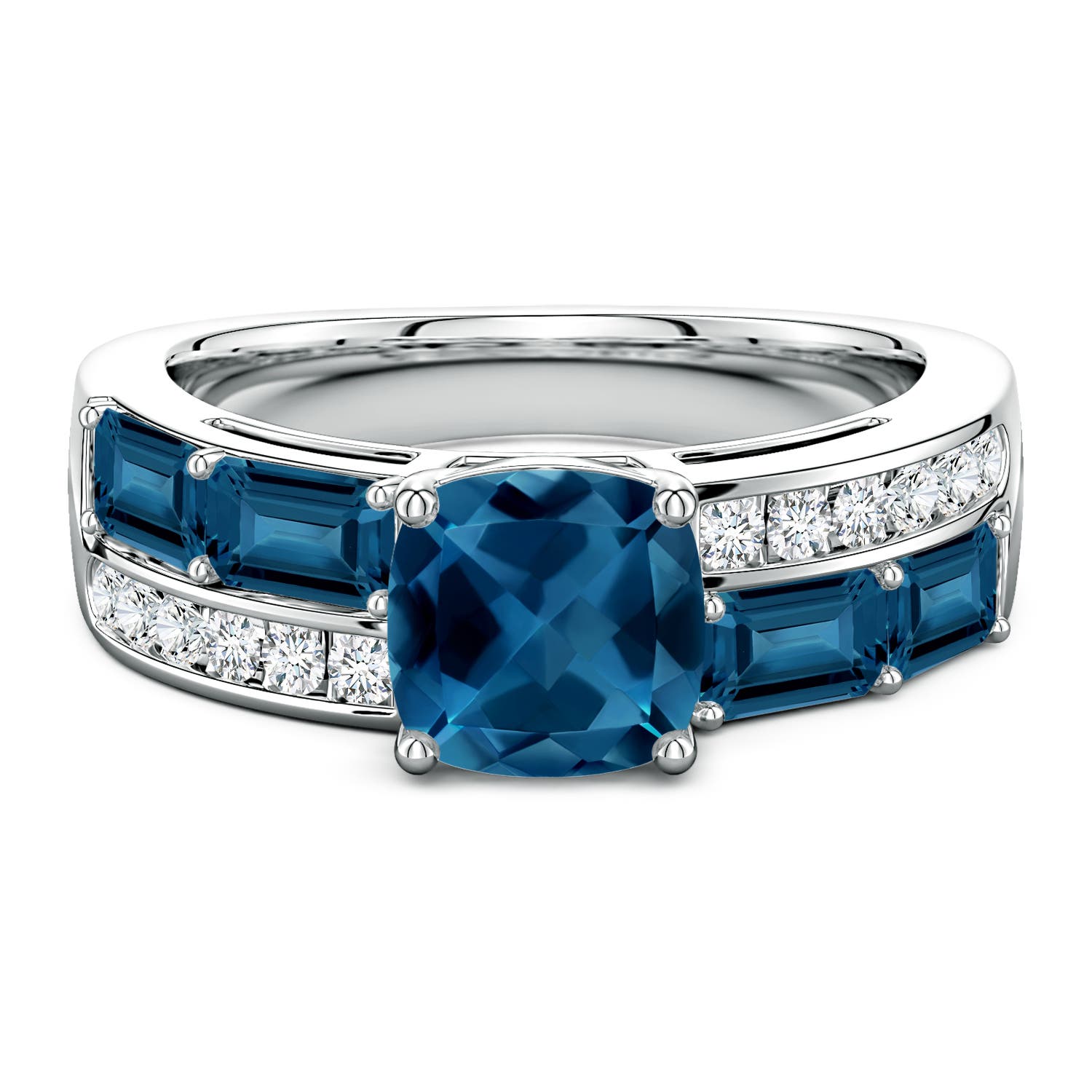 Lee Harris x Angara 3.5 CTW Cushion London Blue Topaz Modern Art Deco Inspired Double Side Stone Shank Ring in Platinum