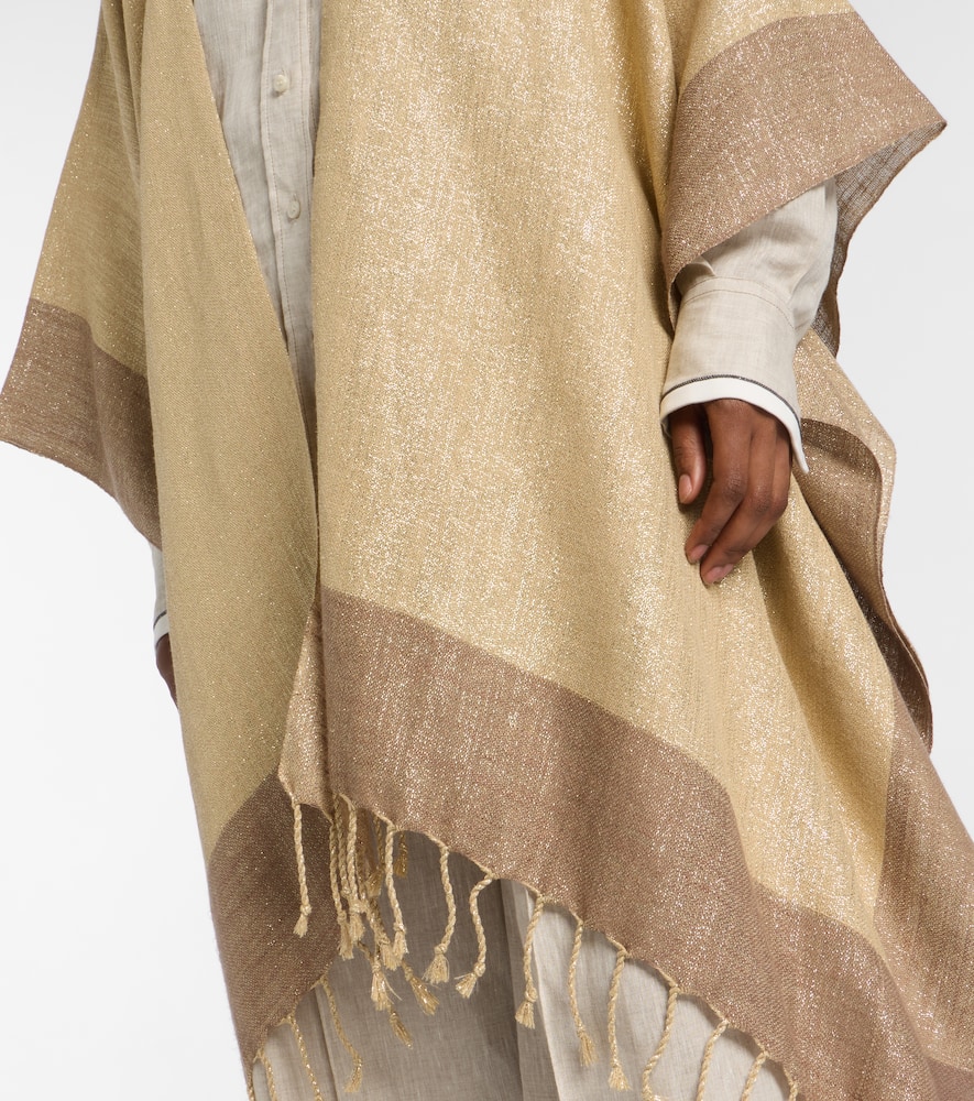 Fringed linen-blend lamé poncho
