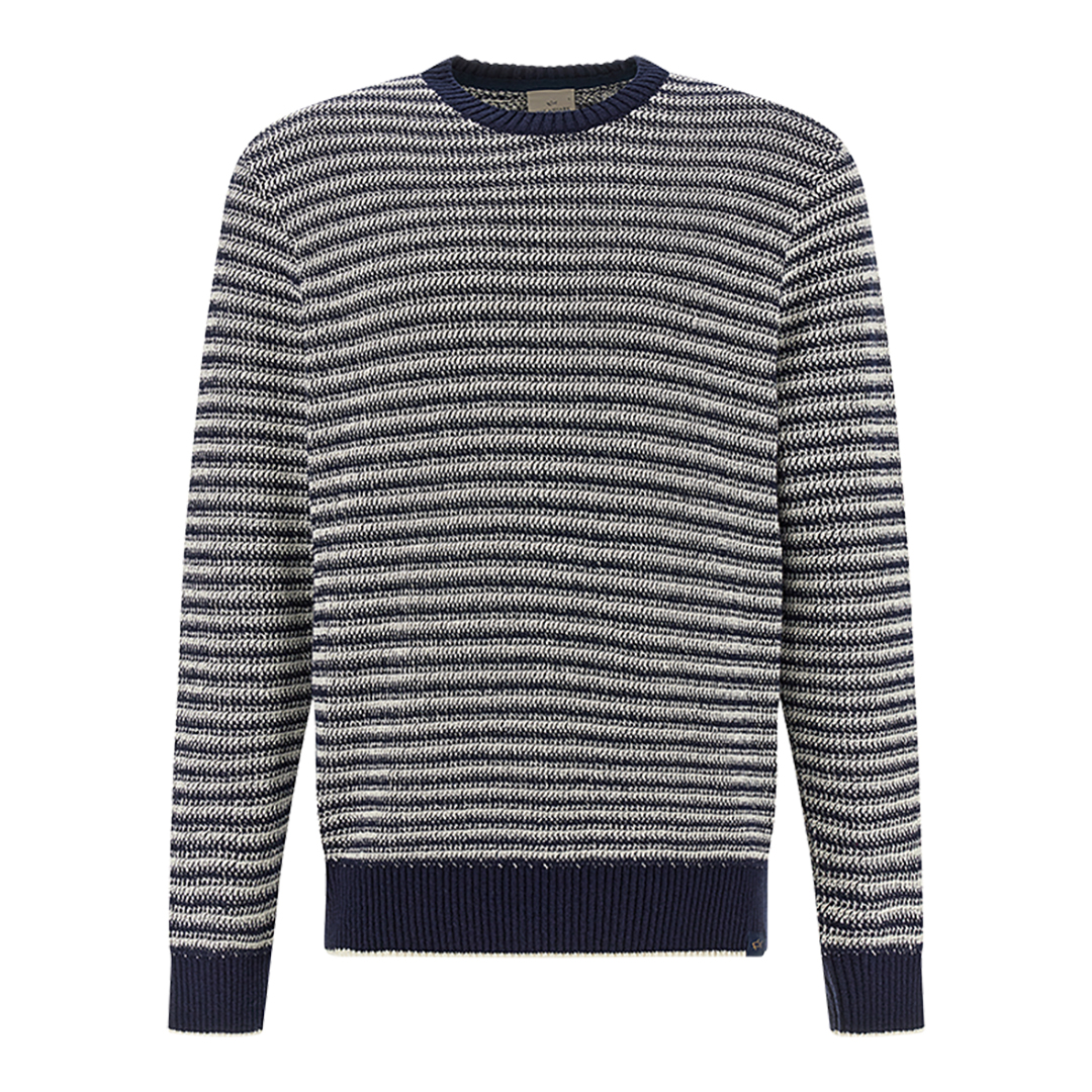 Crew‑neck sweater in bouclé cotton with striped pattern, Man, Whispe White - Dress Blues