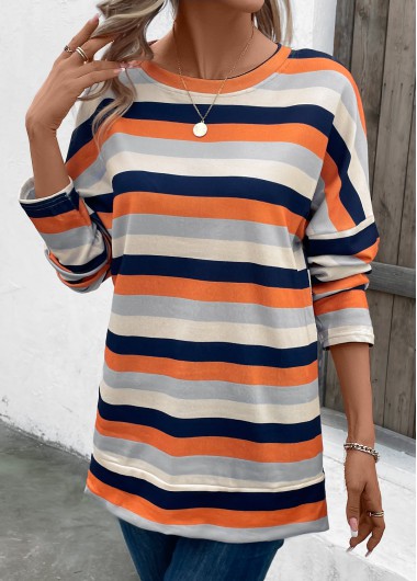 Modlily Multi Color Patchwork Striped Long Sleeve T Shirt