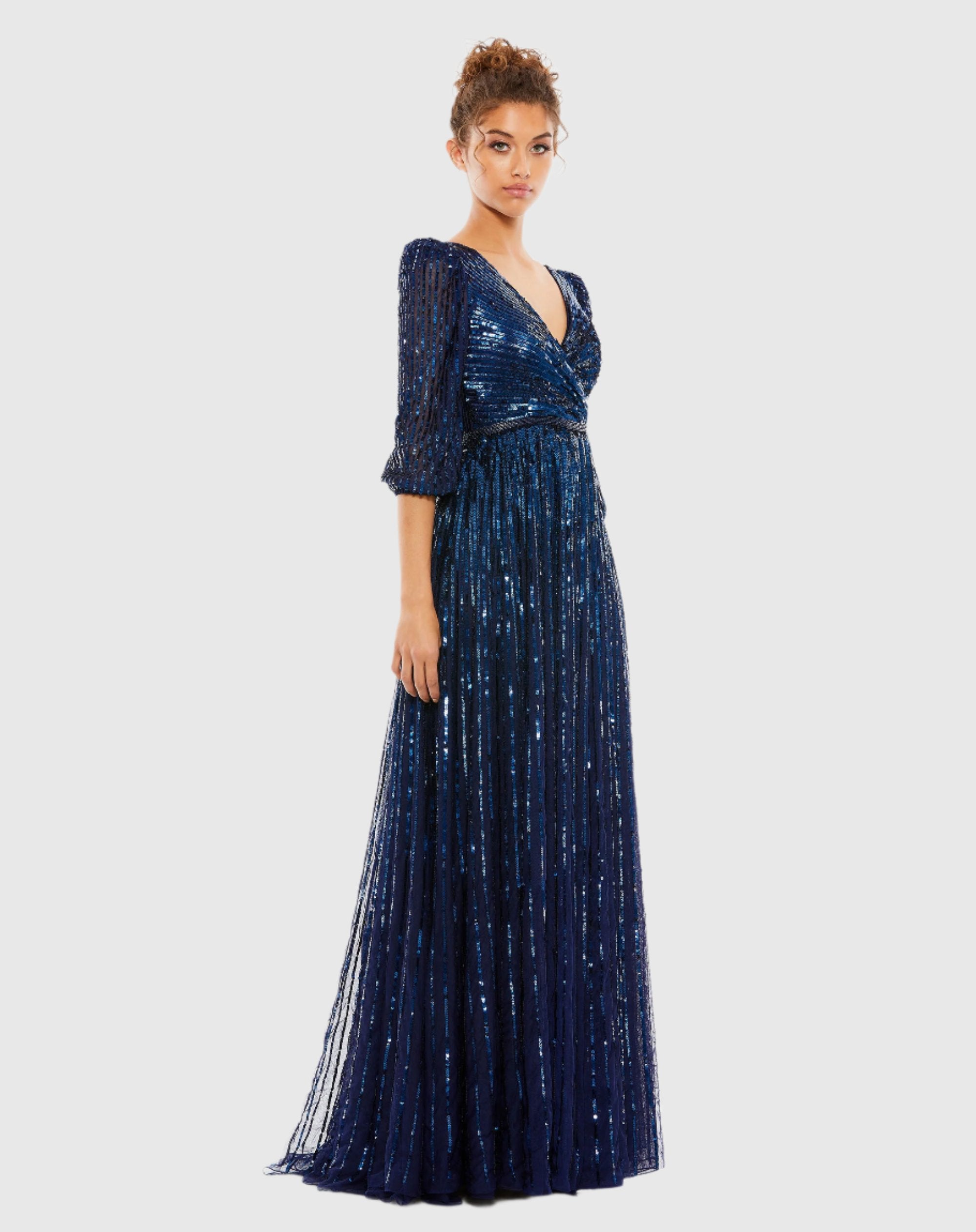 Sequined Wrap Over 3/4 Sleeve Maxi Gown In Black