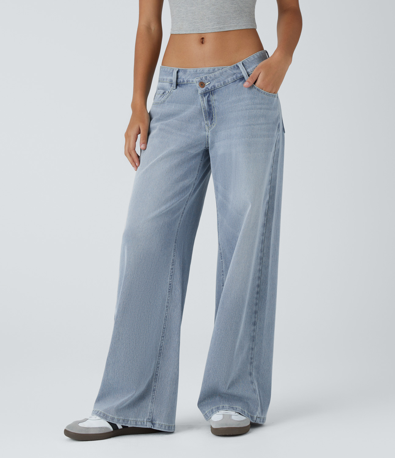Flex™ Asymmetric Low Rise Zipper Pockets Baggy Wide Leg Washed Casual Jeans  - Light Azure Denim