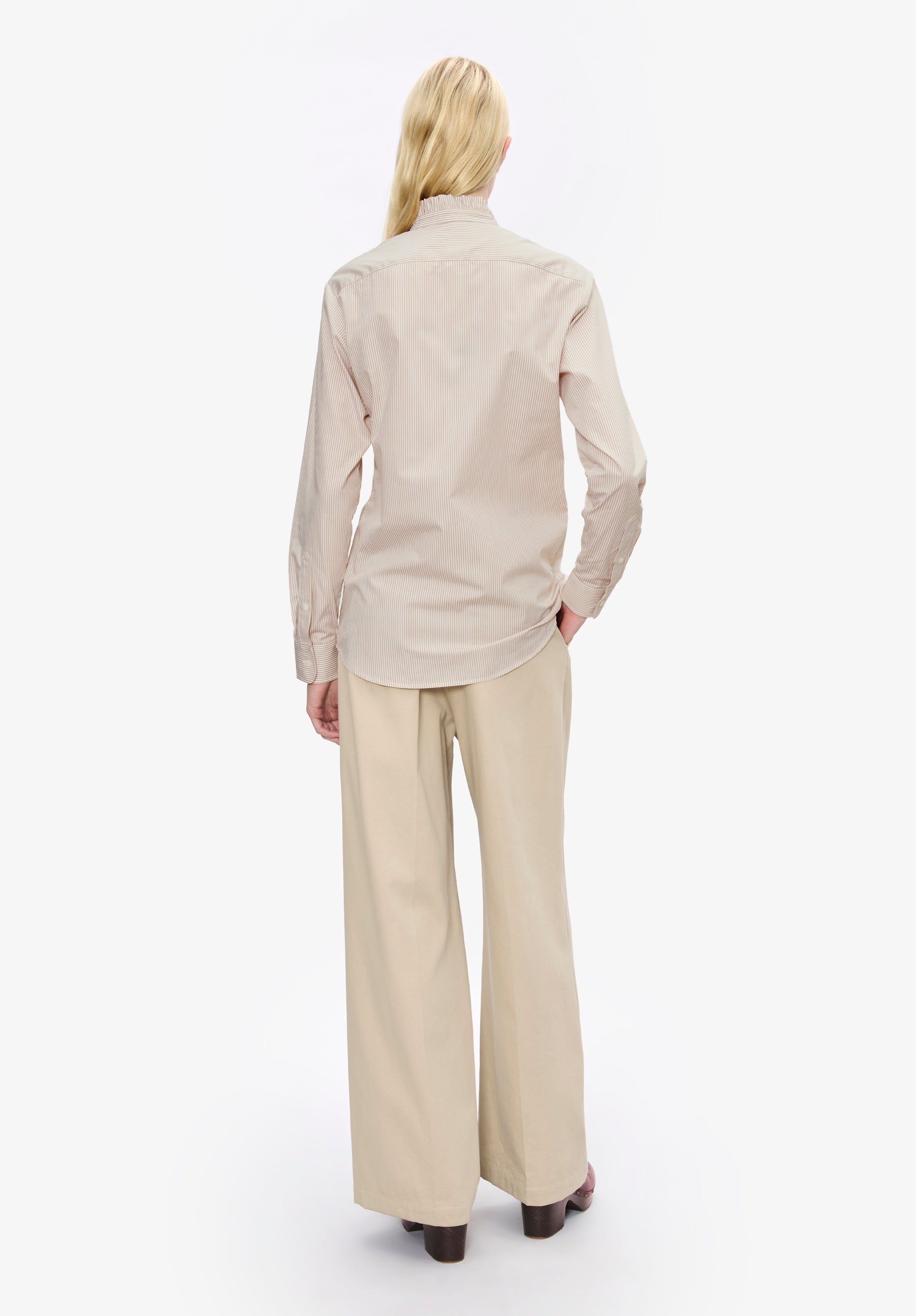 A. P.C. Women's Striped blouse with ruffled collar Size: 34 in Beige