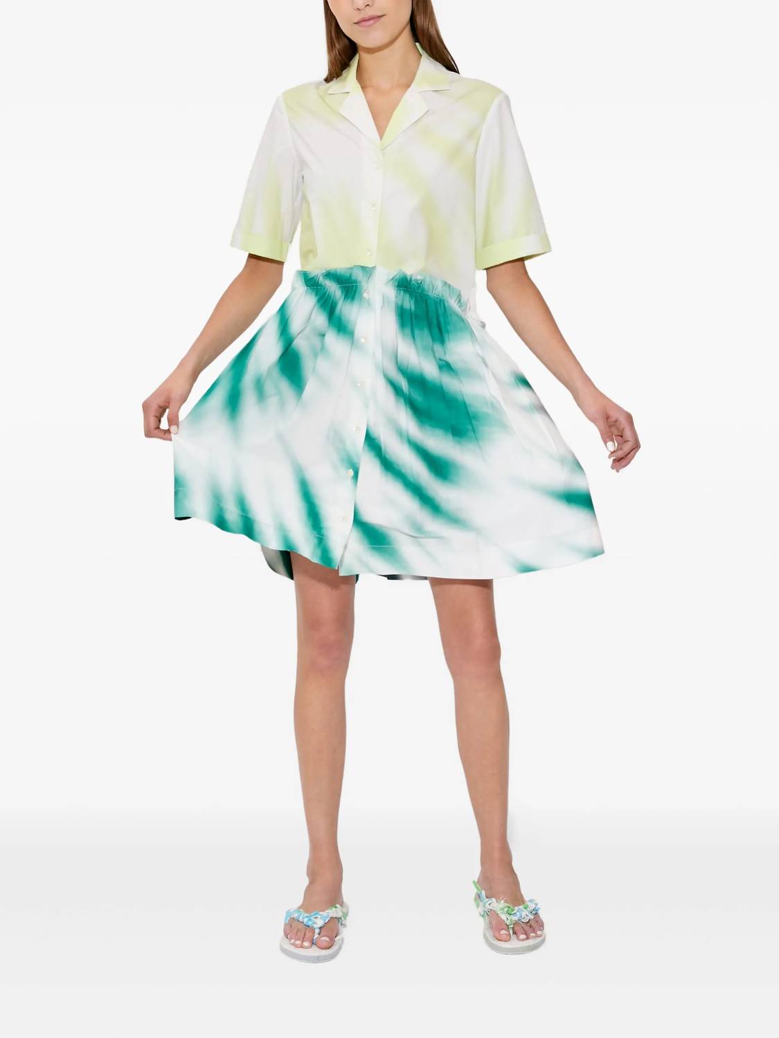 Mini Gathered Shirtdress In Lime-Green /teal