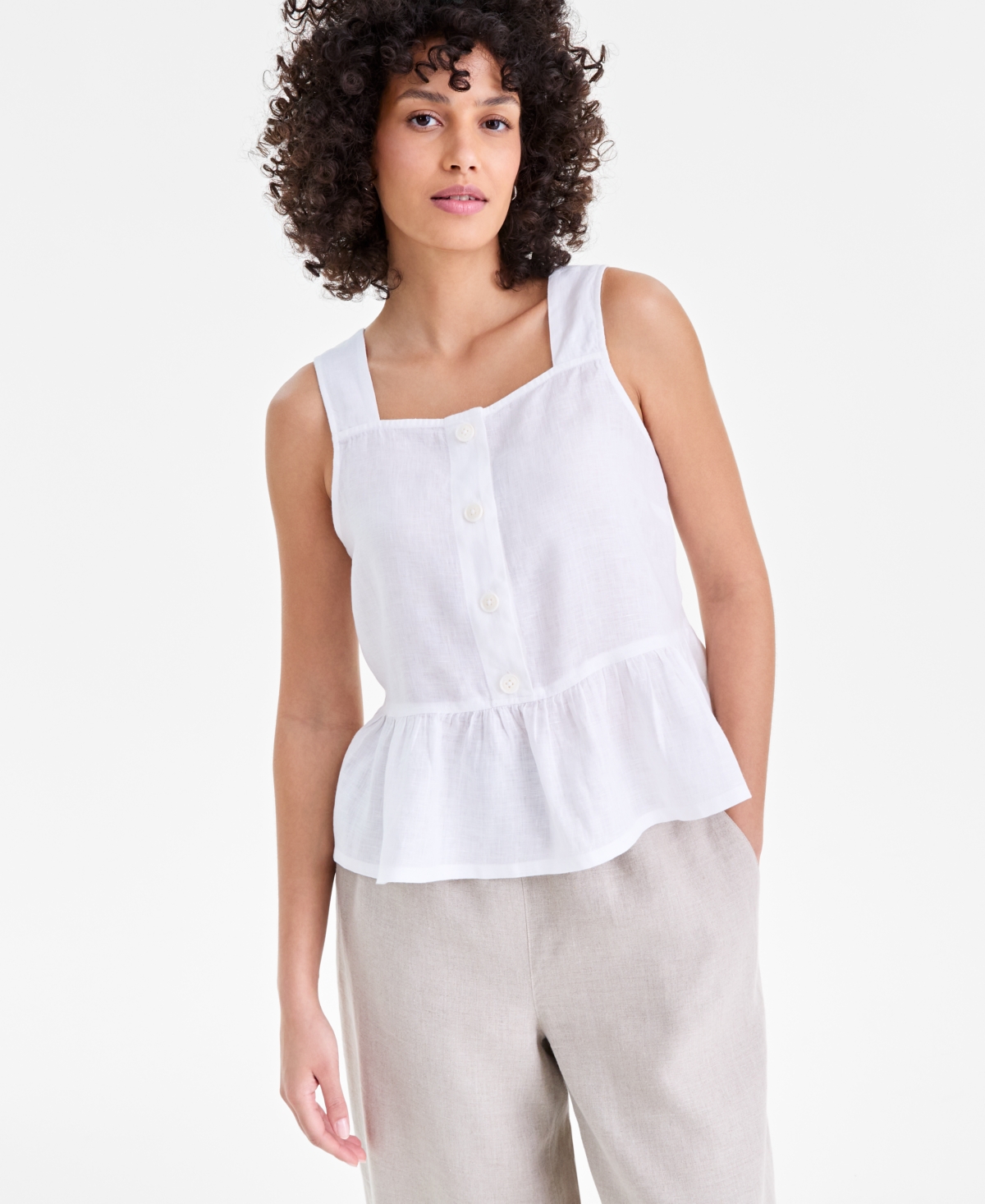 Women's Linen Square-Neck Peplum Top, Macy's Exclusive - Bright White