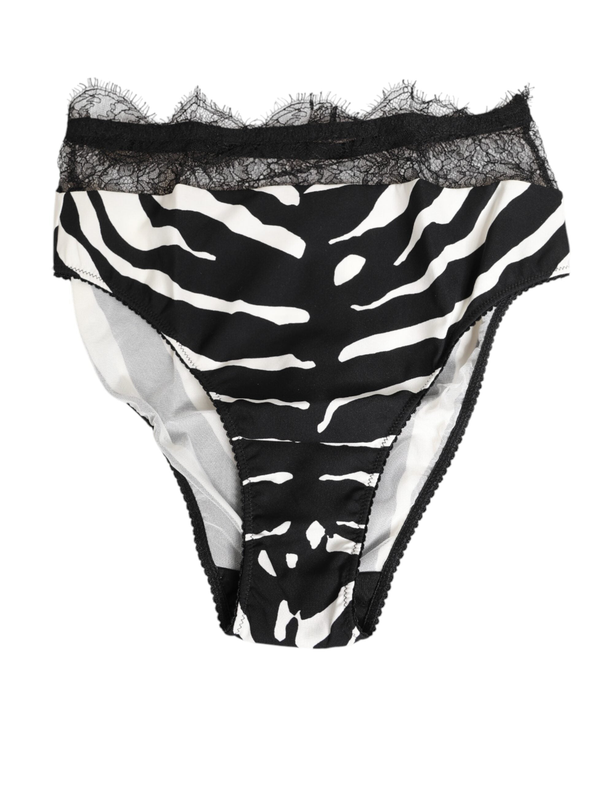 Zebra-Print Silk with Lace Trim Briefs — Black