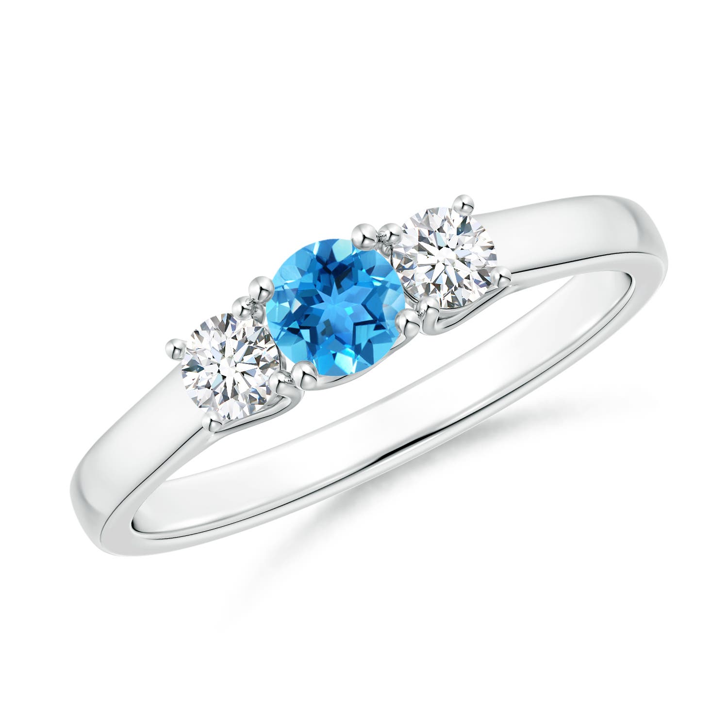 Angara 0.32 Carat Classic Round Swiss Blue Topaz and Diamond Three Stone Ring in Platinum