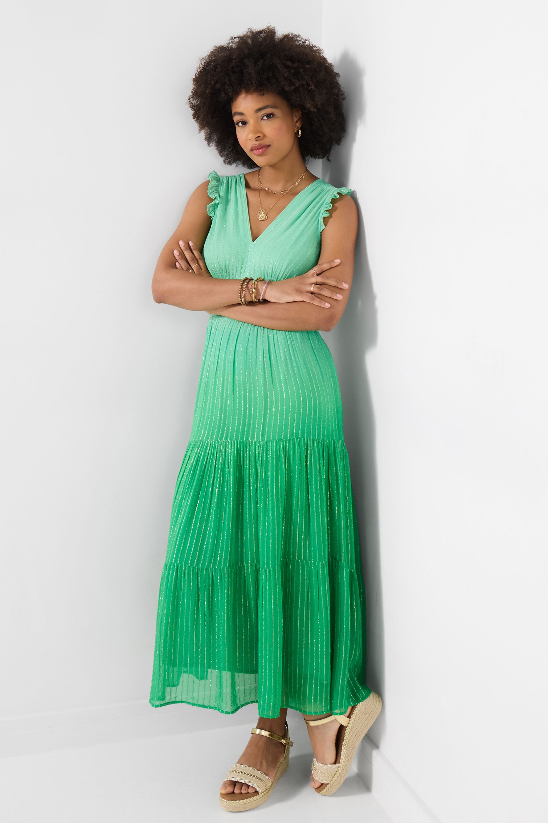 Joe Browns Tiered Maxi Dress With Frill Sleeves And Shirred Waist In Green