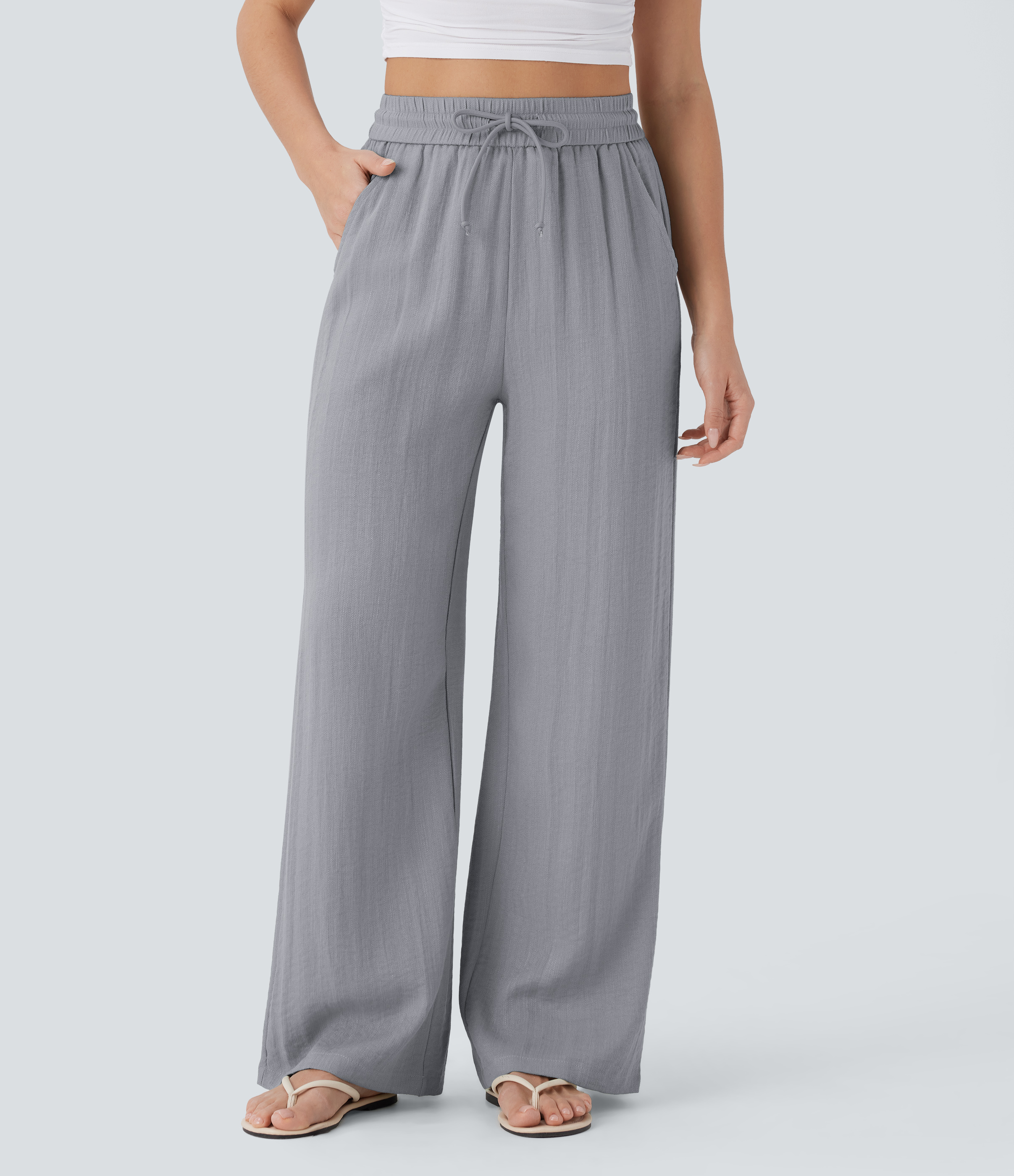 High Waisted Drawstring Pocket Wide Leg Casual Linen-Feel Pants  - Steel Gray
