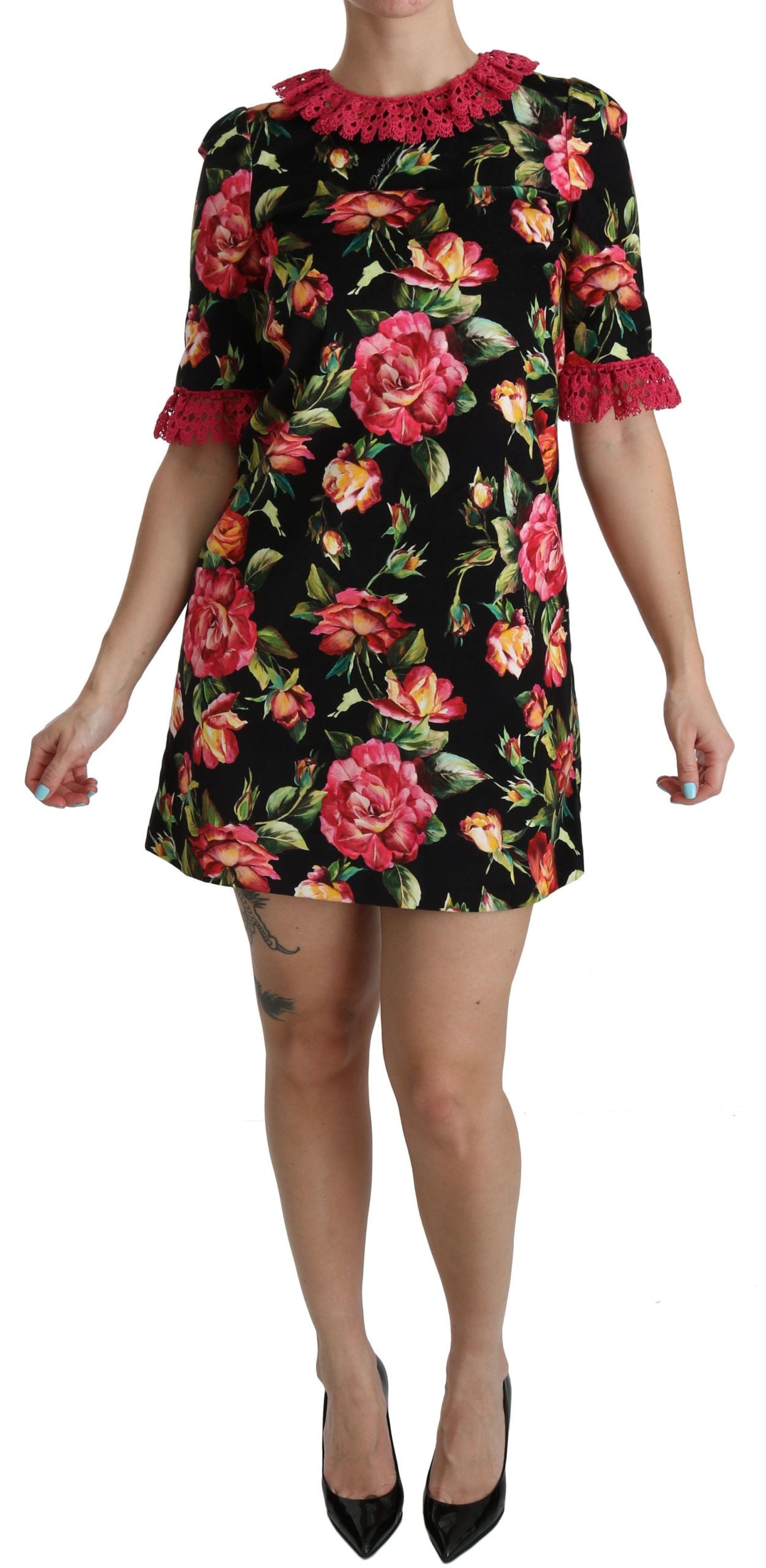 Floral Lace Trim A-Line Shift Dress — Black