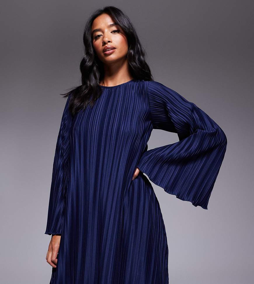 ASOS DESIGN Petite plisse wide sleeves mini dress with back bow detail in navy