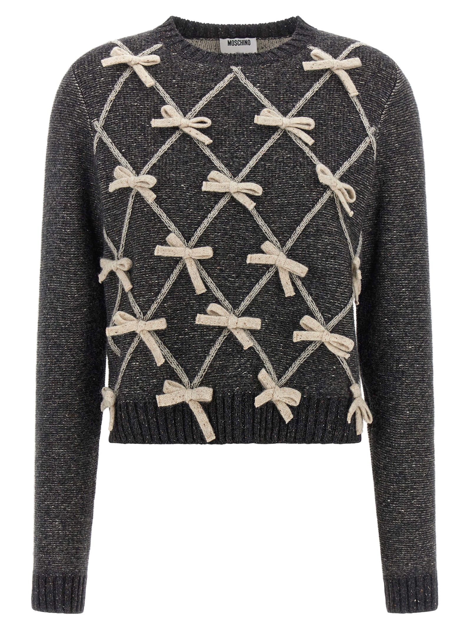Bow-Embellished Diamond Knit Sweater — Gray