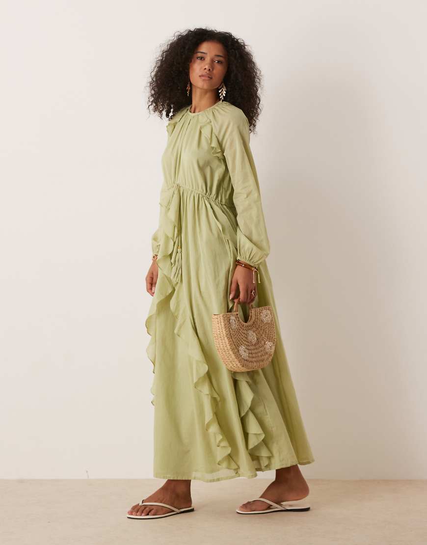 Crew neck ruched waist maxi dress with ruffles in muted green