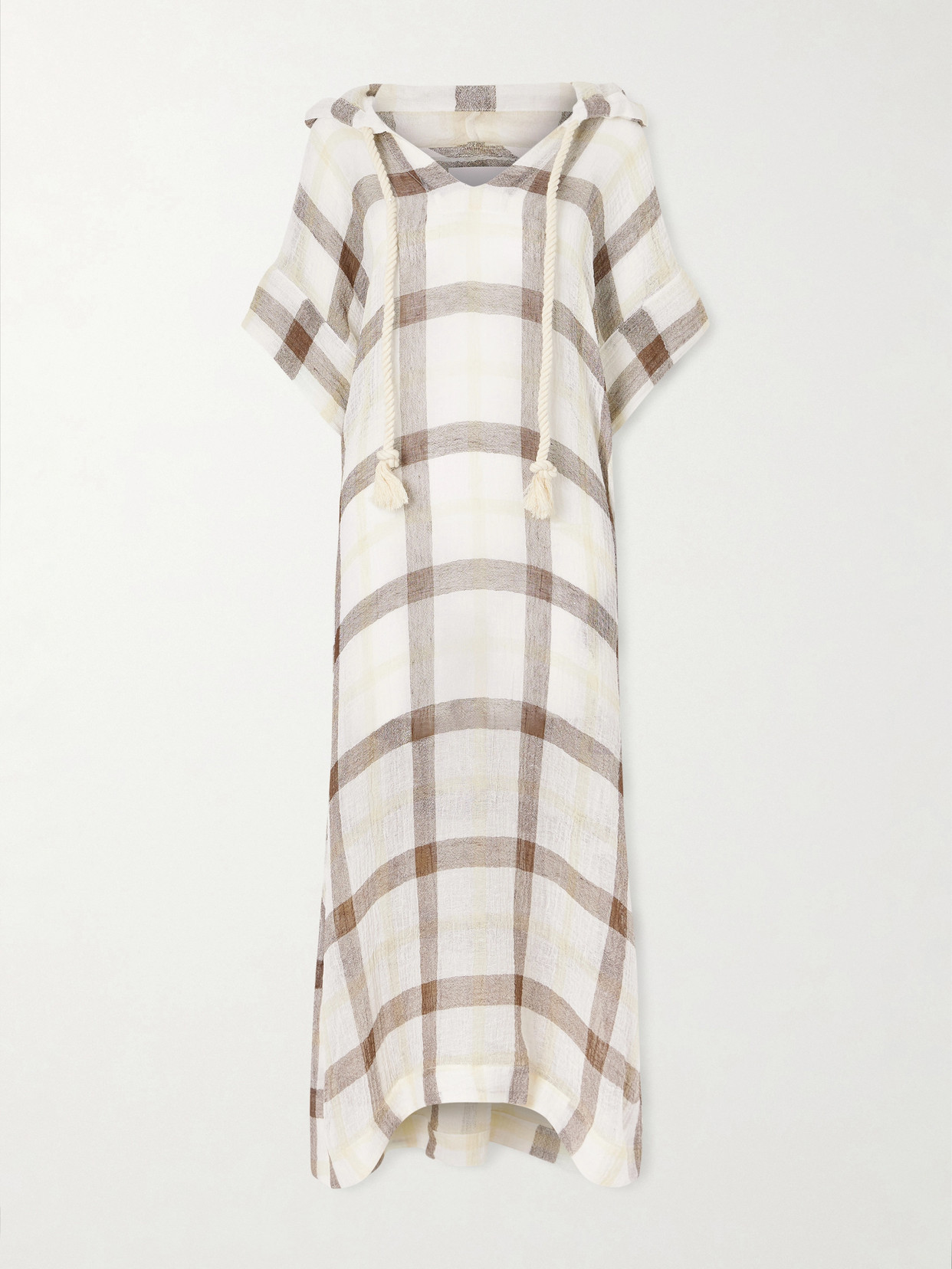 Hooded Checked Linen-blend Crepon Kaftan - Multi