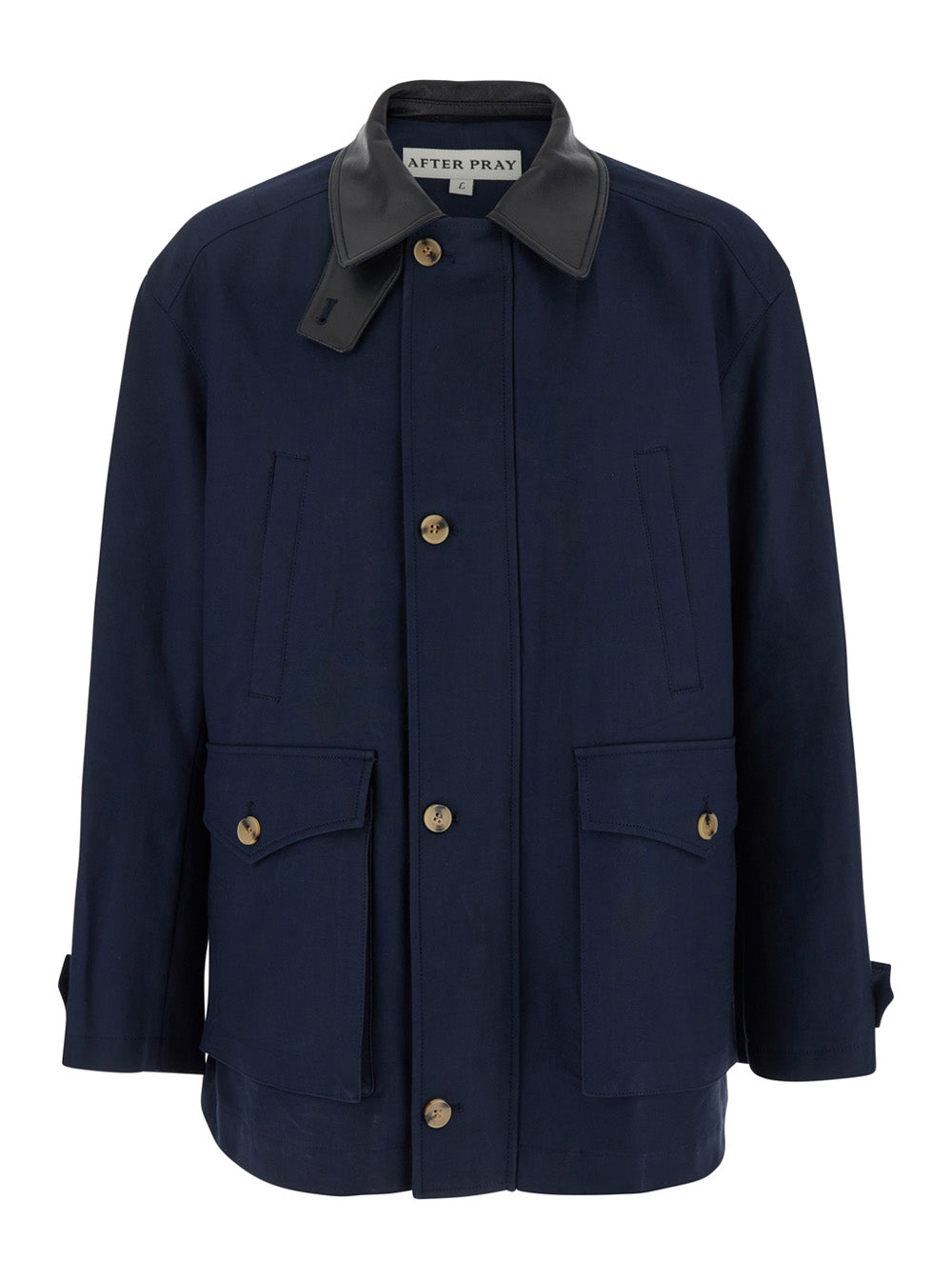 Leather Collar Cotton Coat — Navy