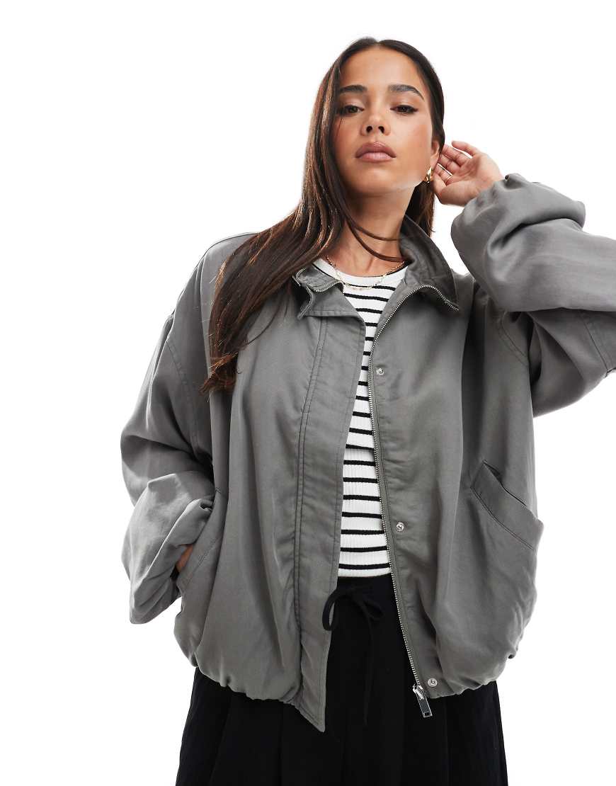Washed ruched funnel neck jacket in charcoal-Grey