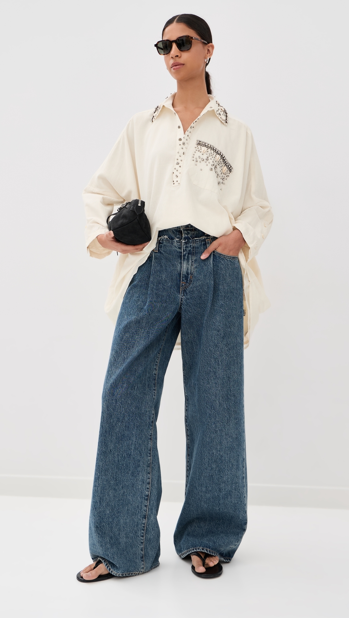 Cowrie Shell Jeweled Boyfriend Shirt White One Size