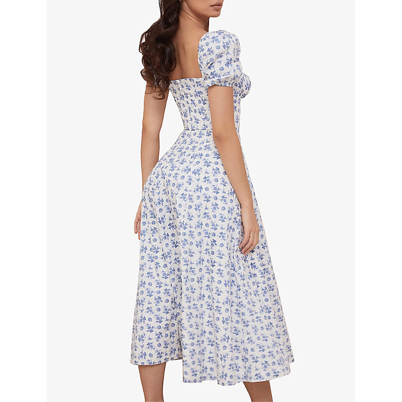 Womens Blue White Floral Tallulah Floral-print Stretch-cotton Blend Midi Dress